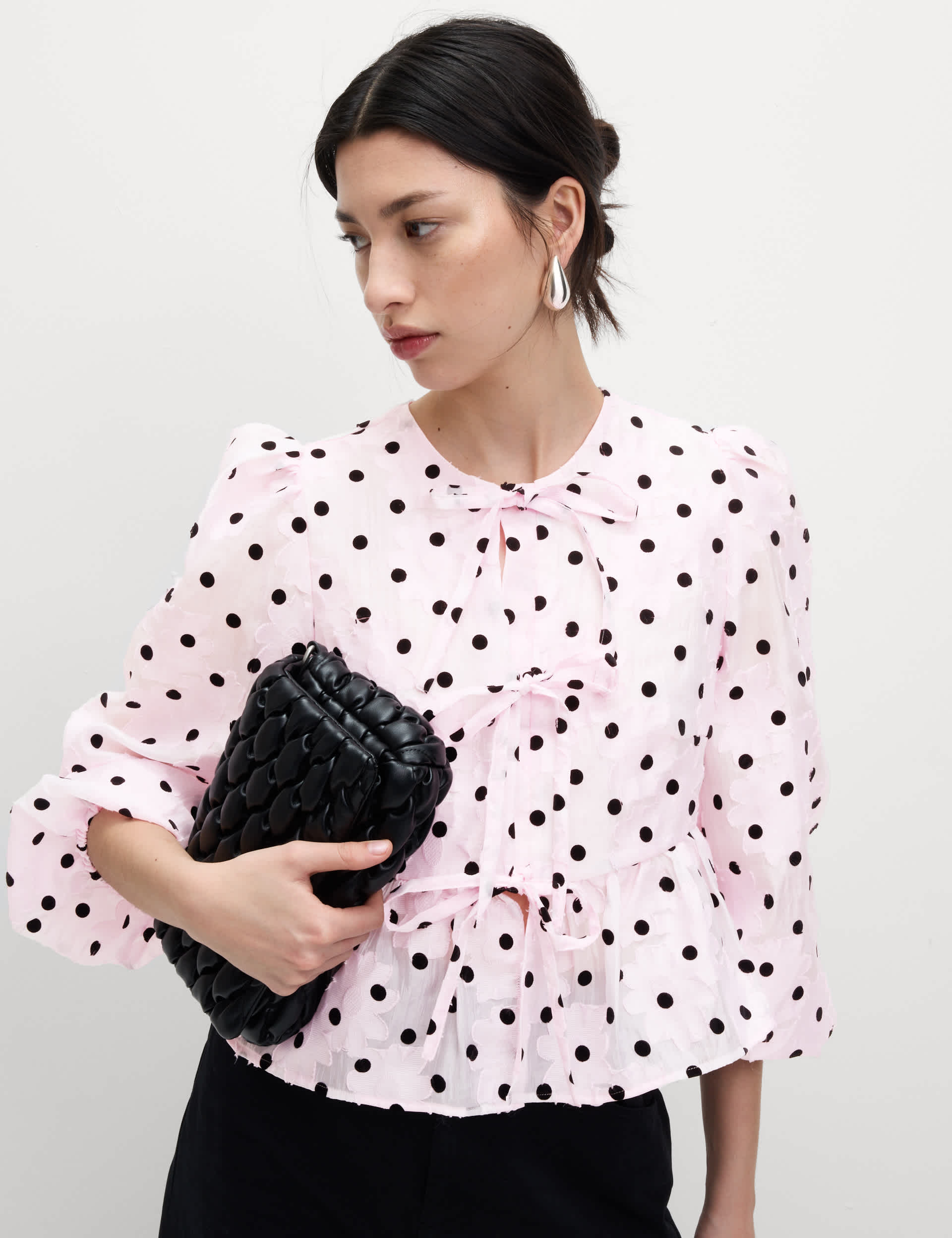 Polka Dot Tie Front Puff Sleeve Blouse