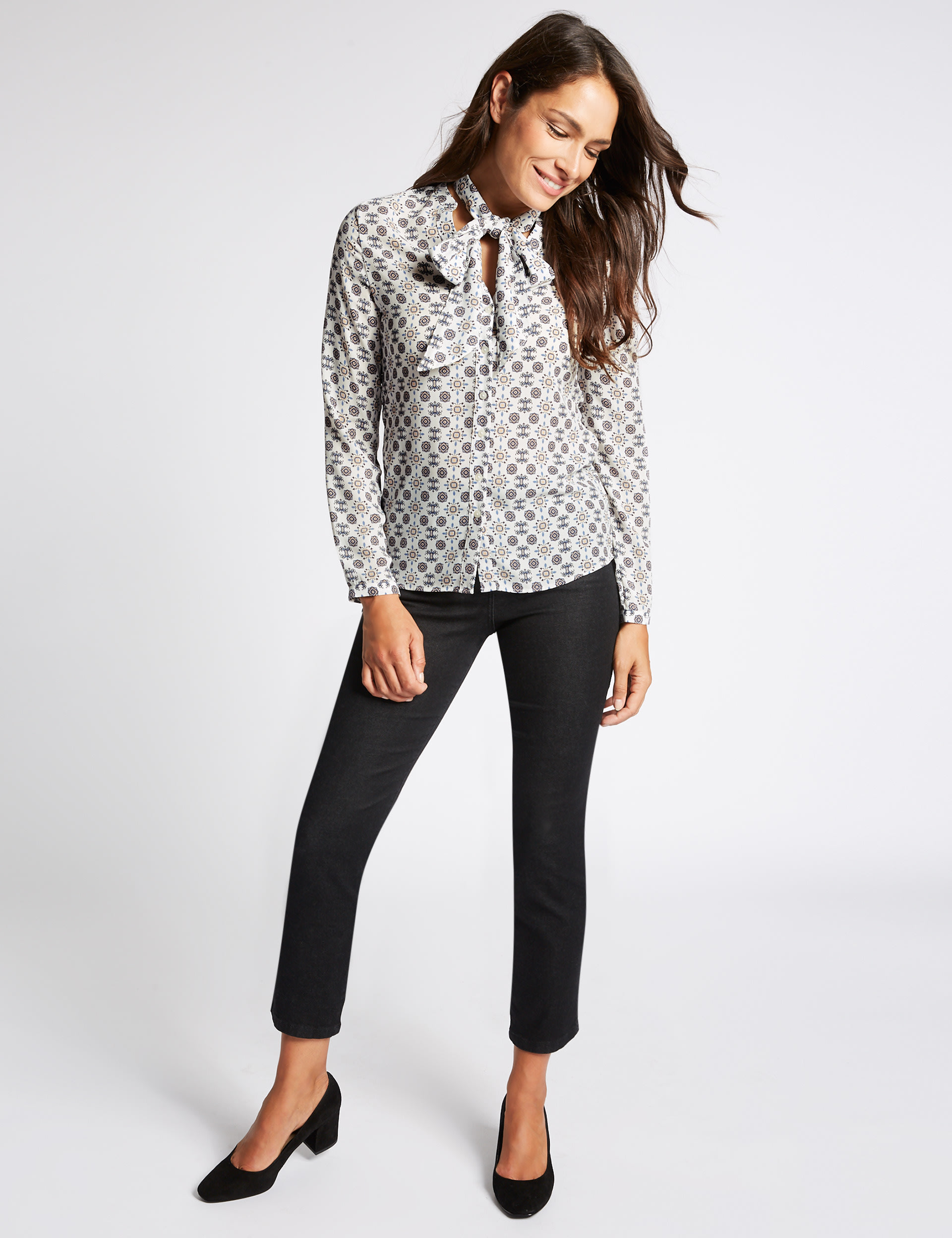 Geometric Print Bow Long Sleeve Shirt Image 2 of 6