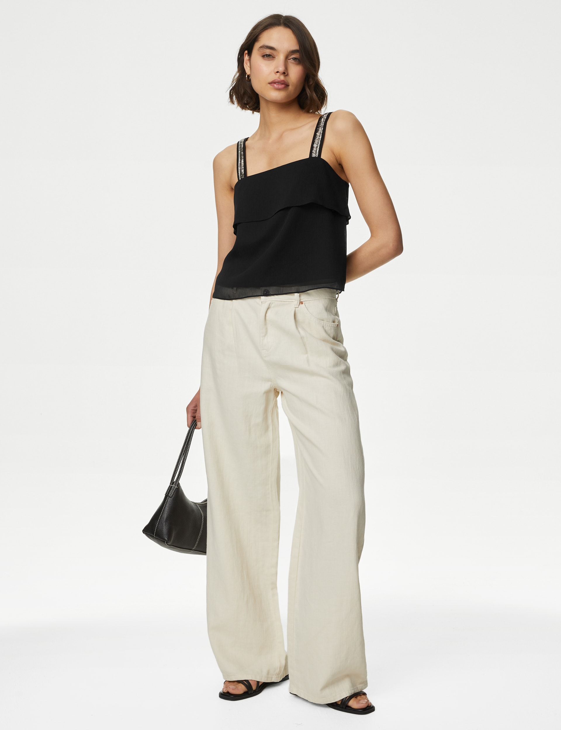 Black Embellished Square Neck Cami Top - Medium