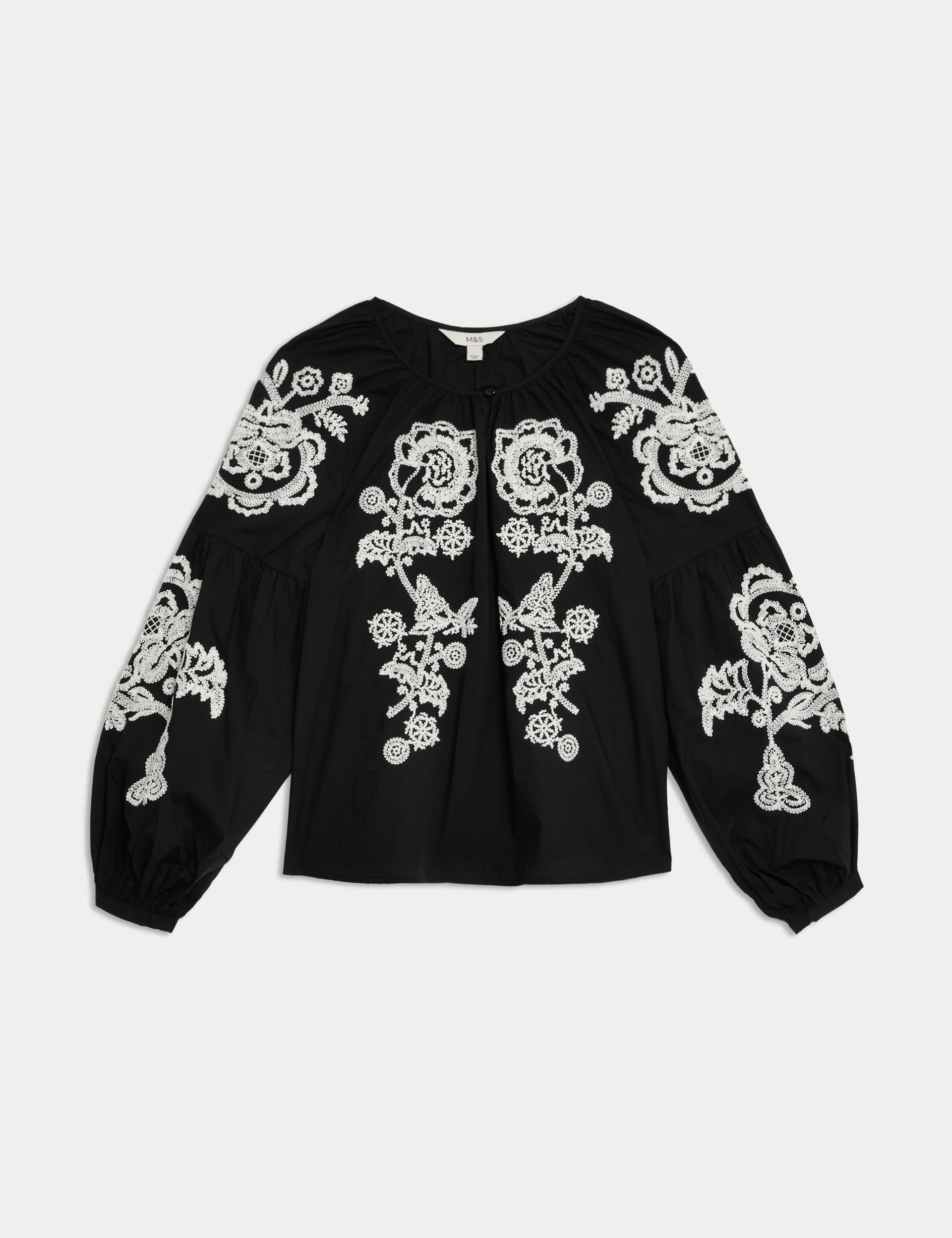 Pure Cotton Embroidered Puff Sleeve Blouse