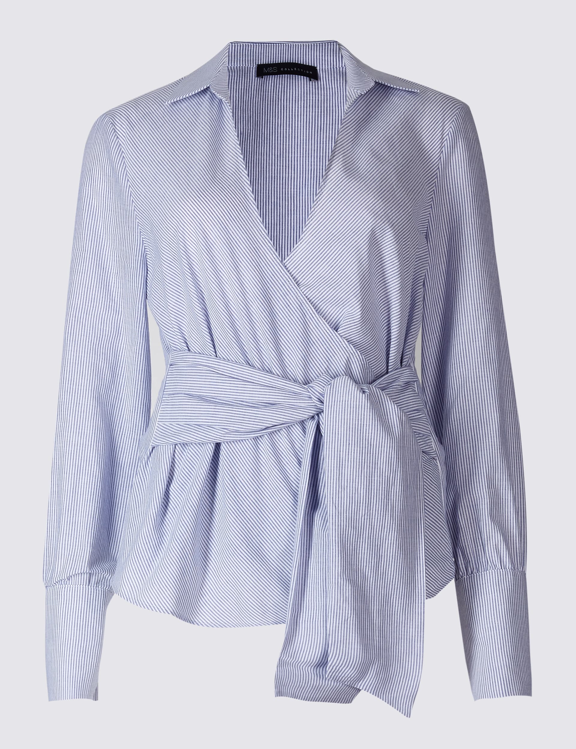 Pure Cotton Striped Wrap Poplin Blouse Image 2 of 5