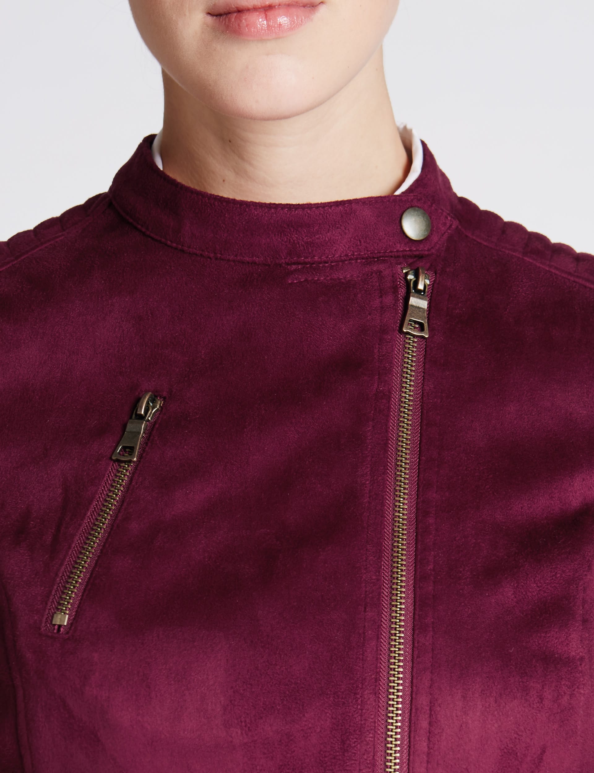 Faux Suede Zipped Pockets Motor Biker Jacket Image 2 of 4