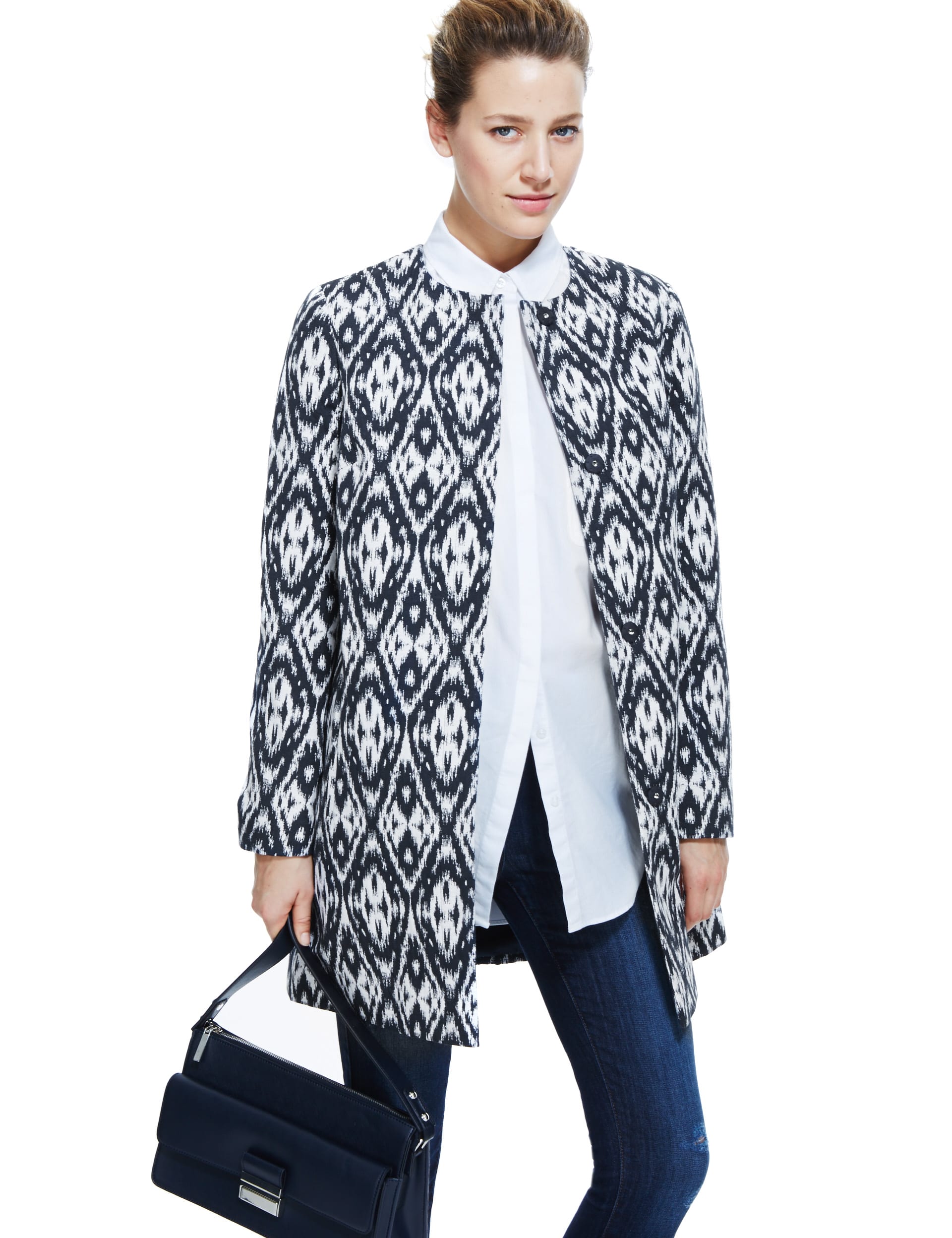 Crew Neck Ikat Print Overcoat Image 2 of 3
