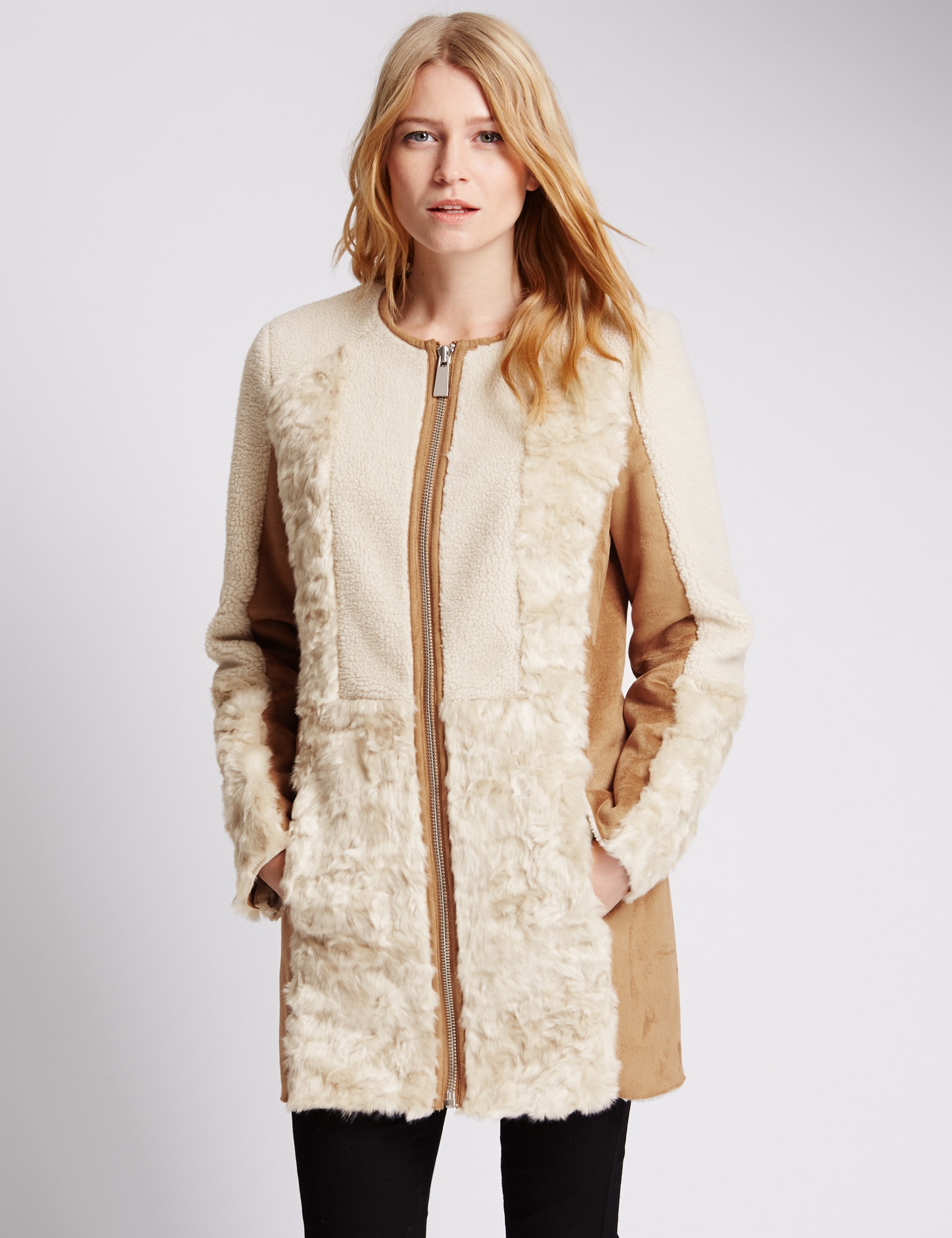 Faux Fur Borg Panelled Overcoat Image 2 of 4