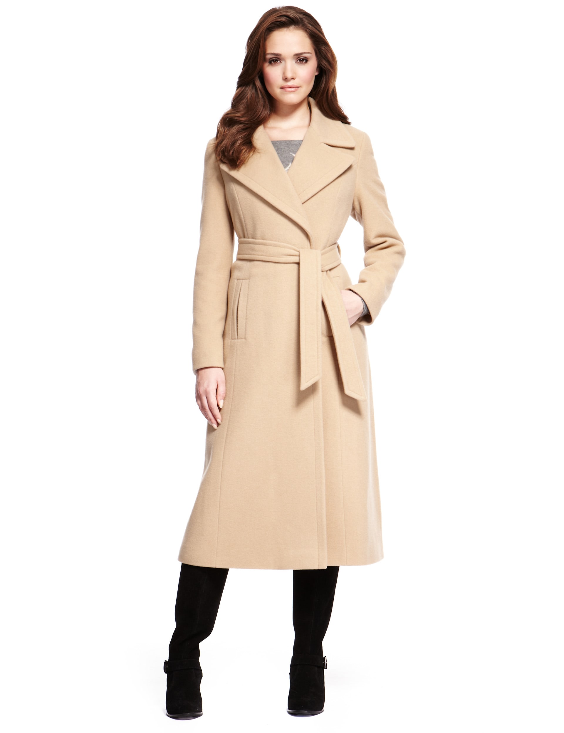 Petite Wool Blend Long Belted Wrap Coat with Cashmere M S