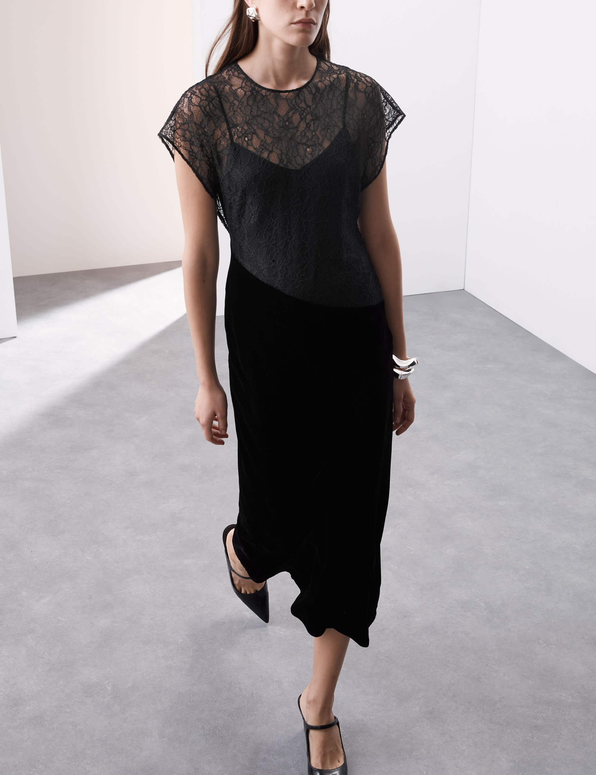 Velvet Lace Midi Column Dress with Silk Autograph M&S