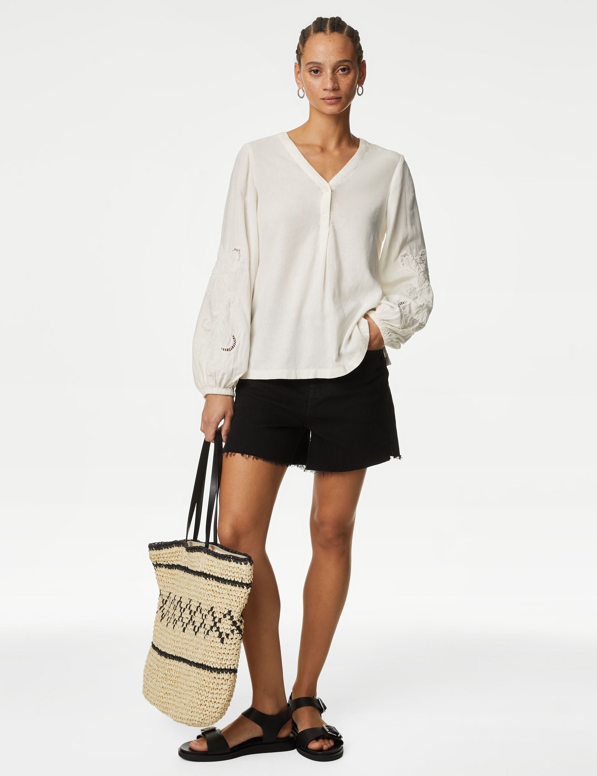 Linen Blend Embroidered V-Neck Blouse