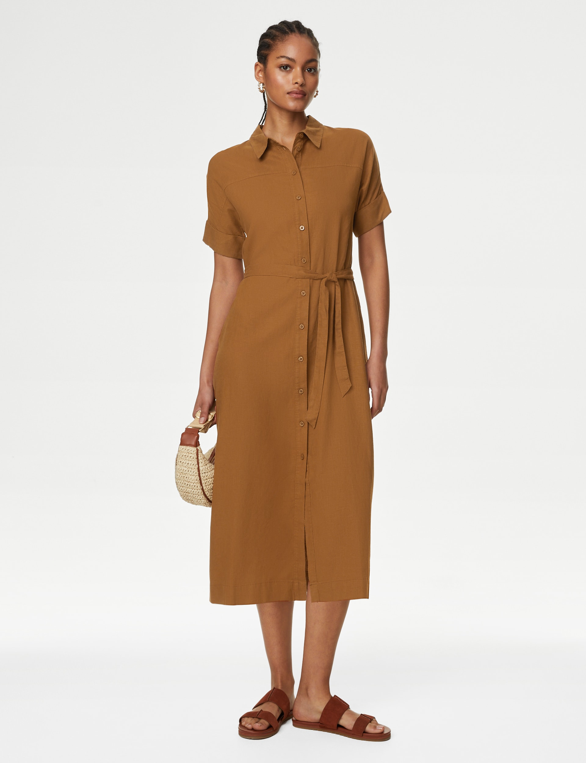 Linen Rich Button Through Midi Shirt Dress