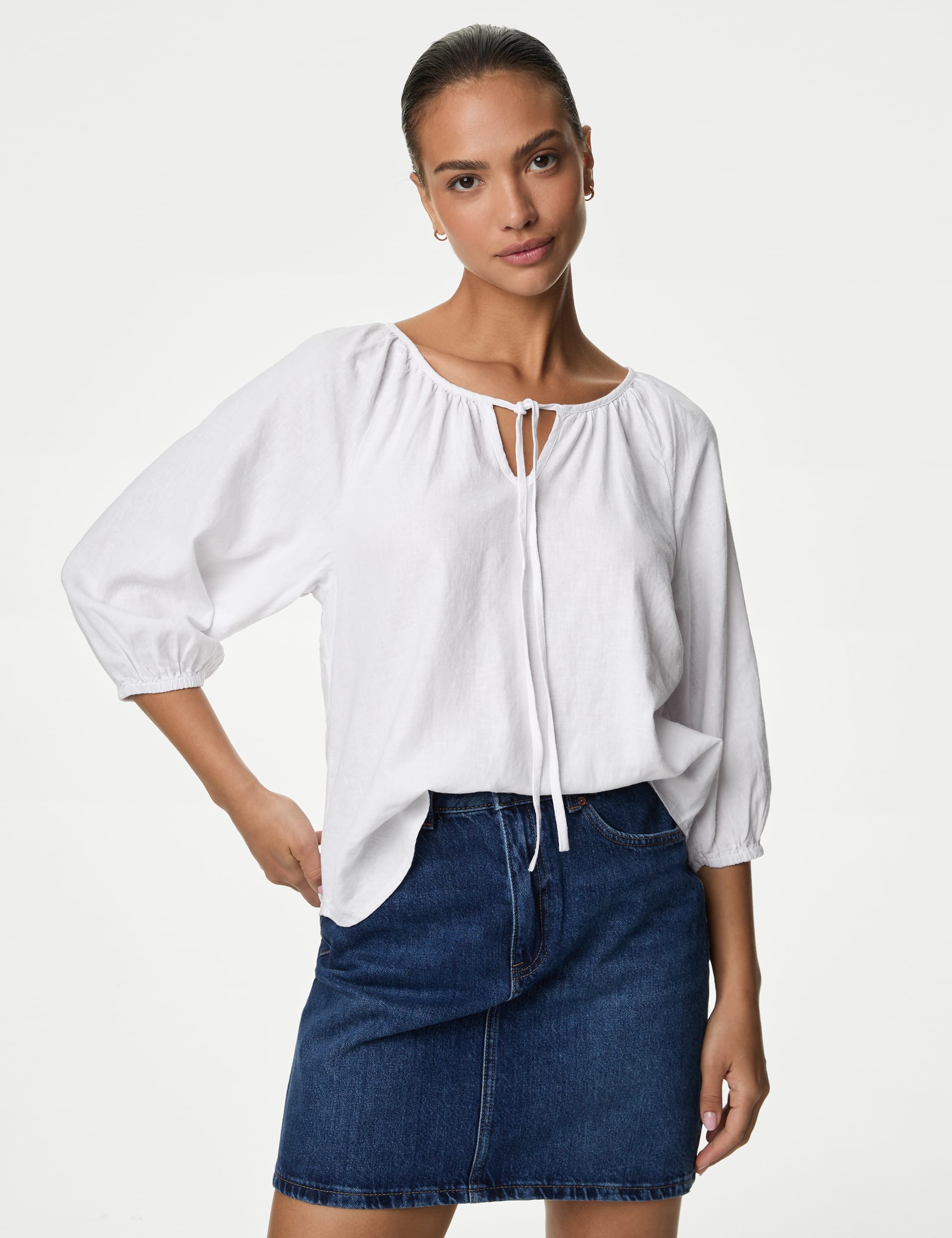 Linen Rich Tie Neck Blouse