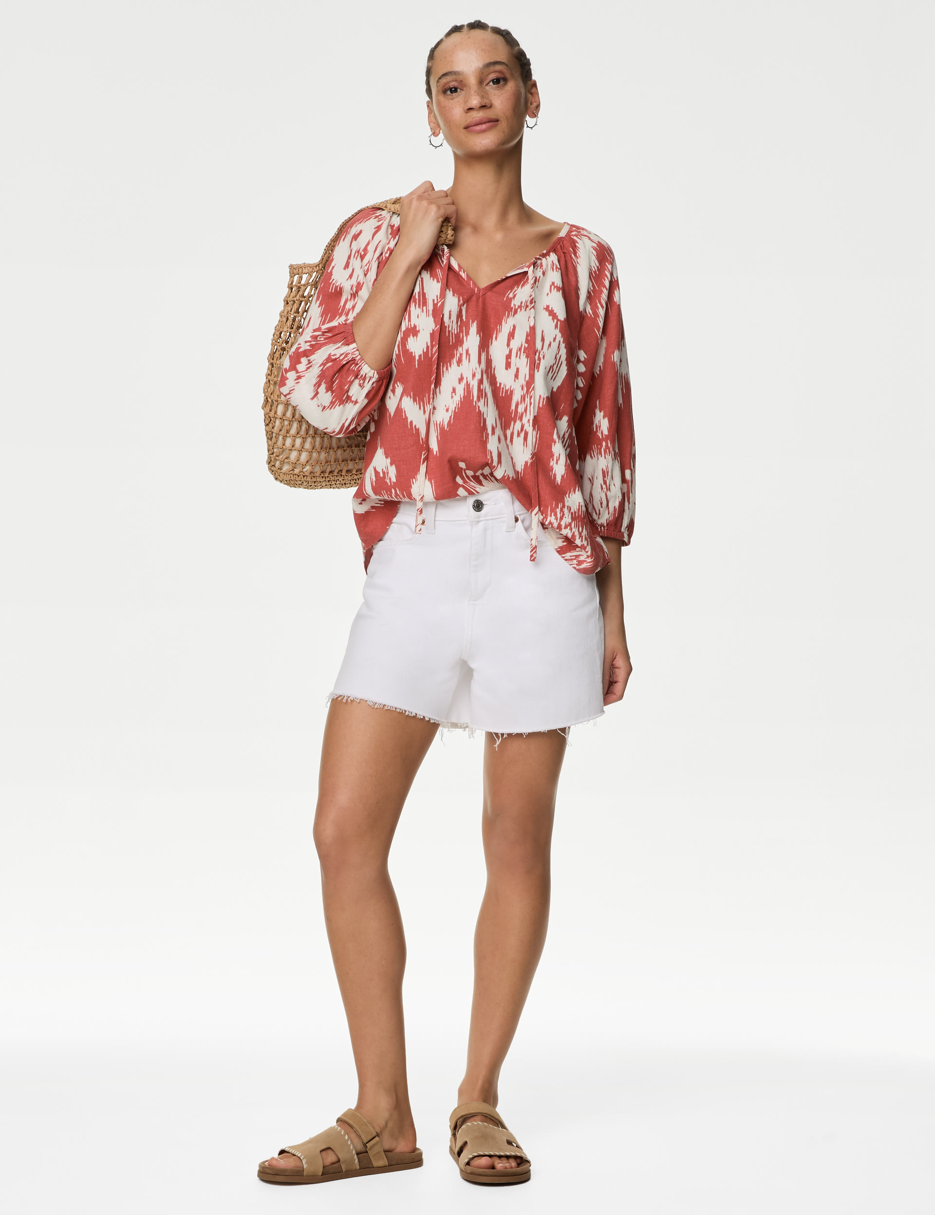 Linen Rich Printed Tie Neck Blouse