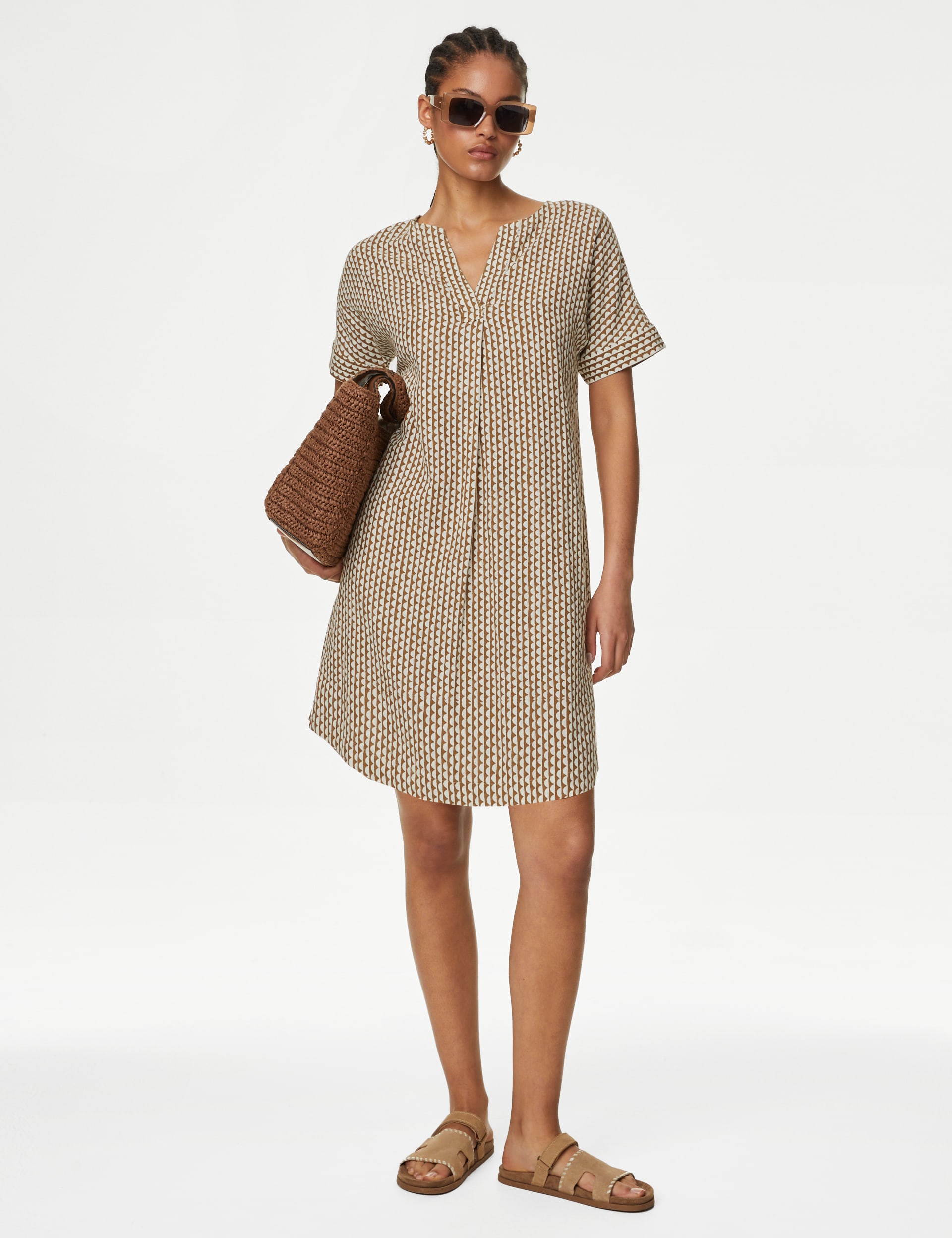 Linen Rich Printed V-Neck Shift Dress