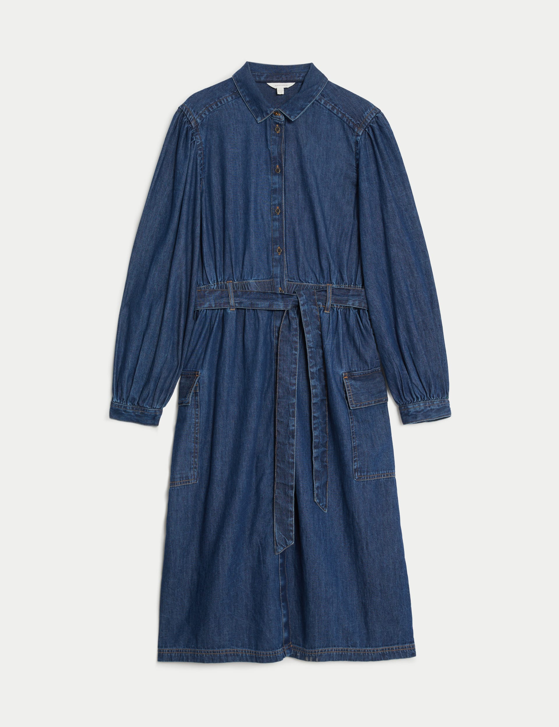 Denim Collared Midi Utility Shirt Dress