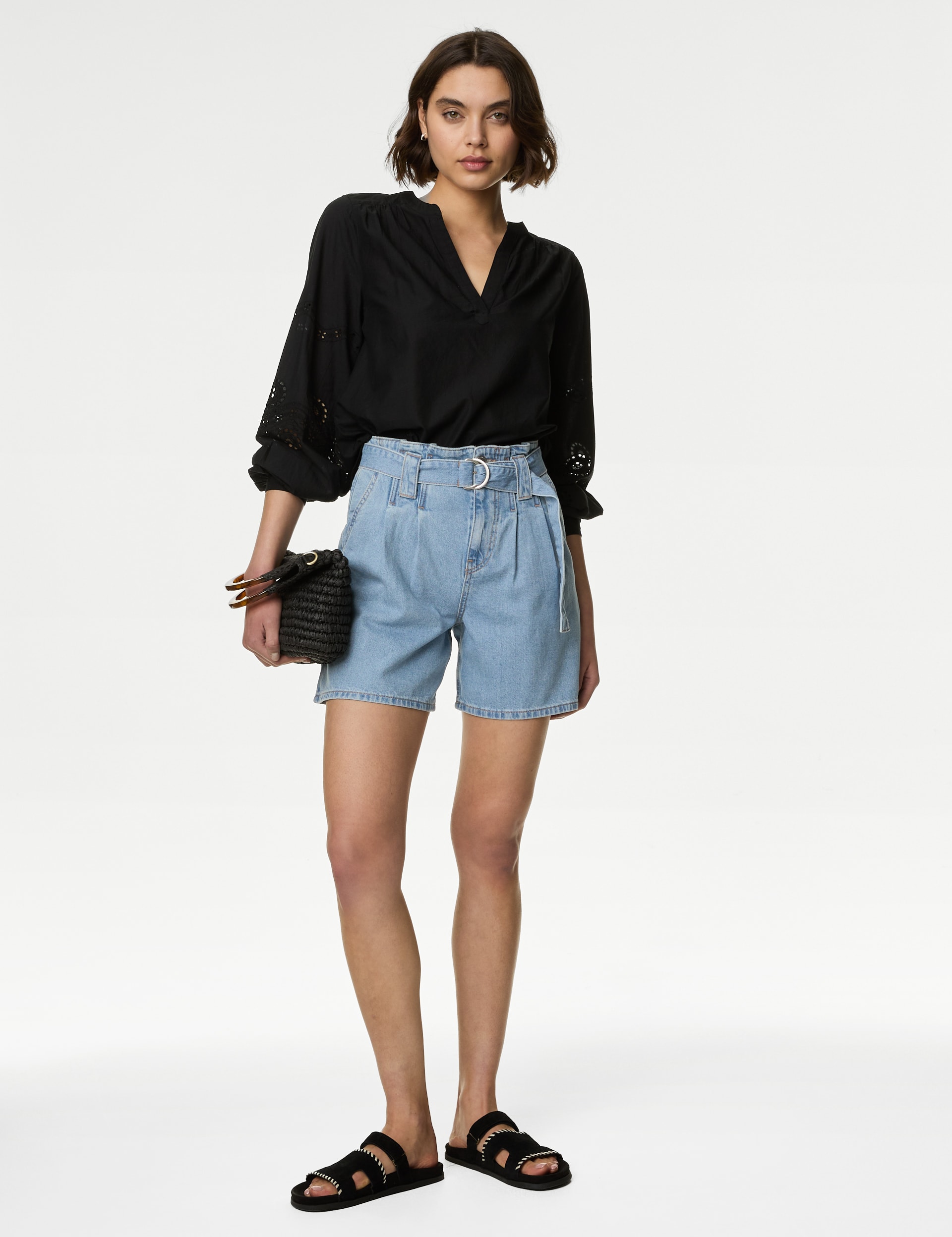 Denim Pleat Front Belted Shorts