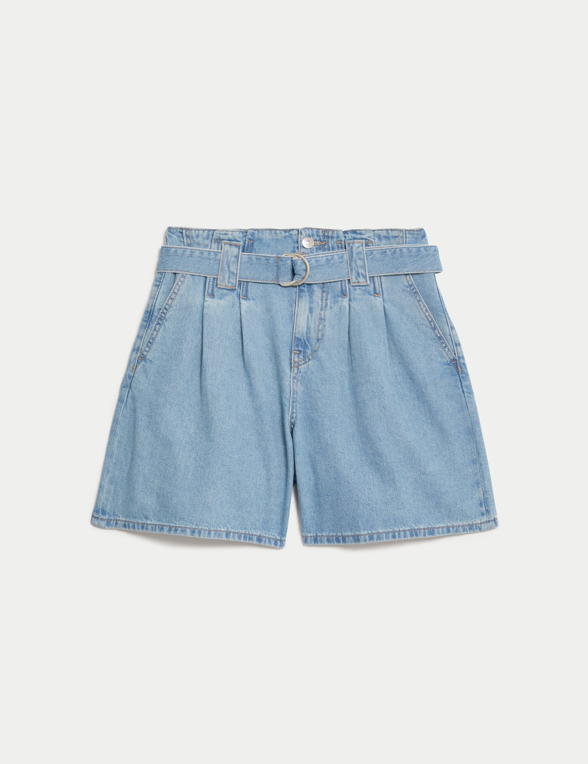 Denim Pleat Front Belted Shorts