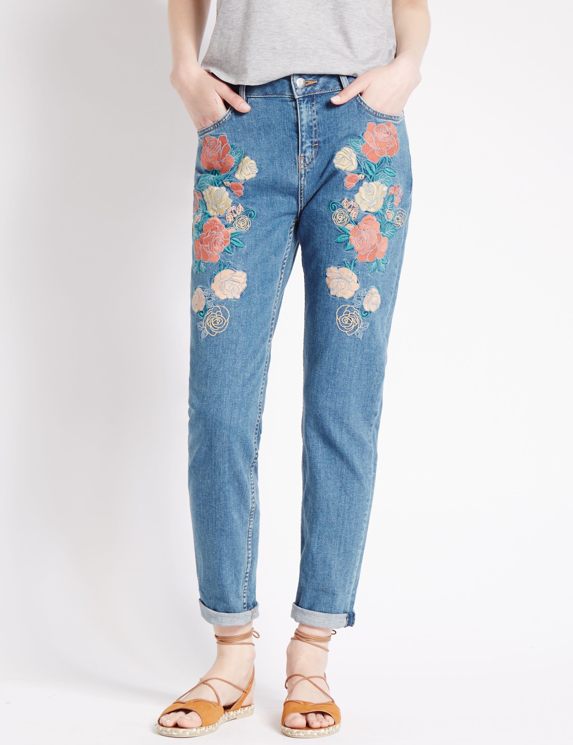 Rose embroidered skinny jeans hot sale