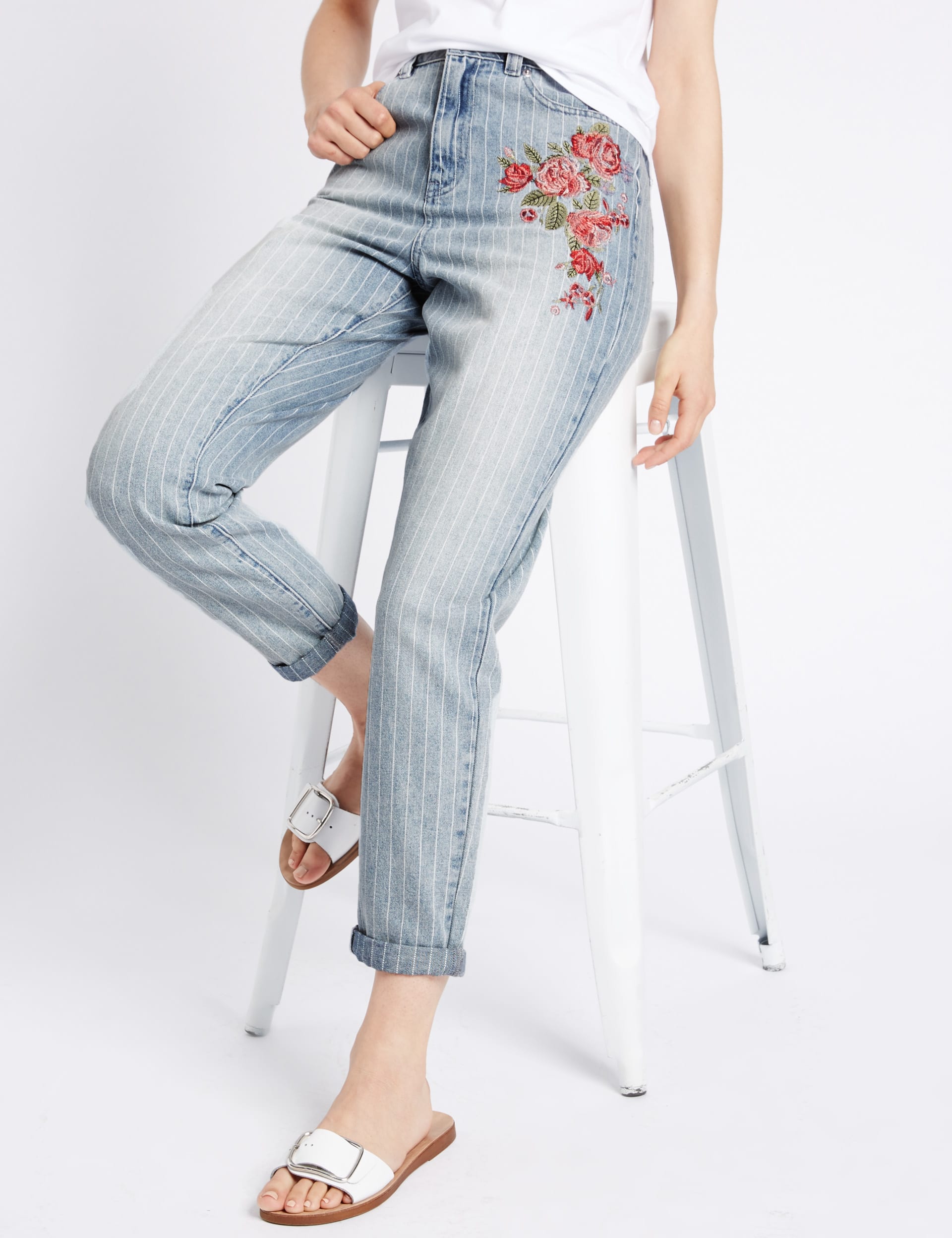 Floral Embroidered High Waist Mom Jeans Image 2 of 7