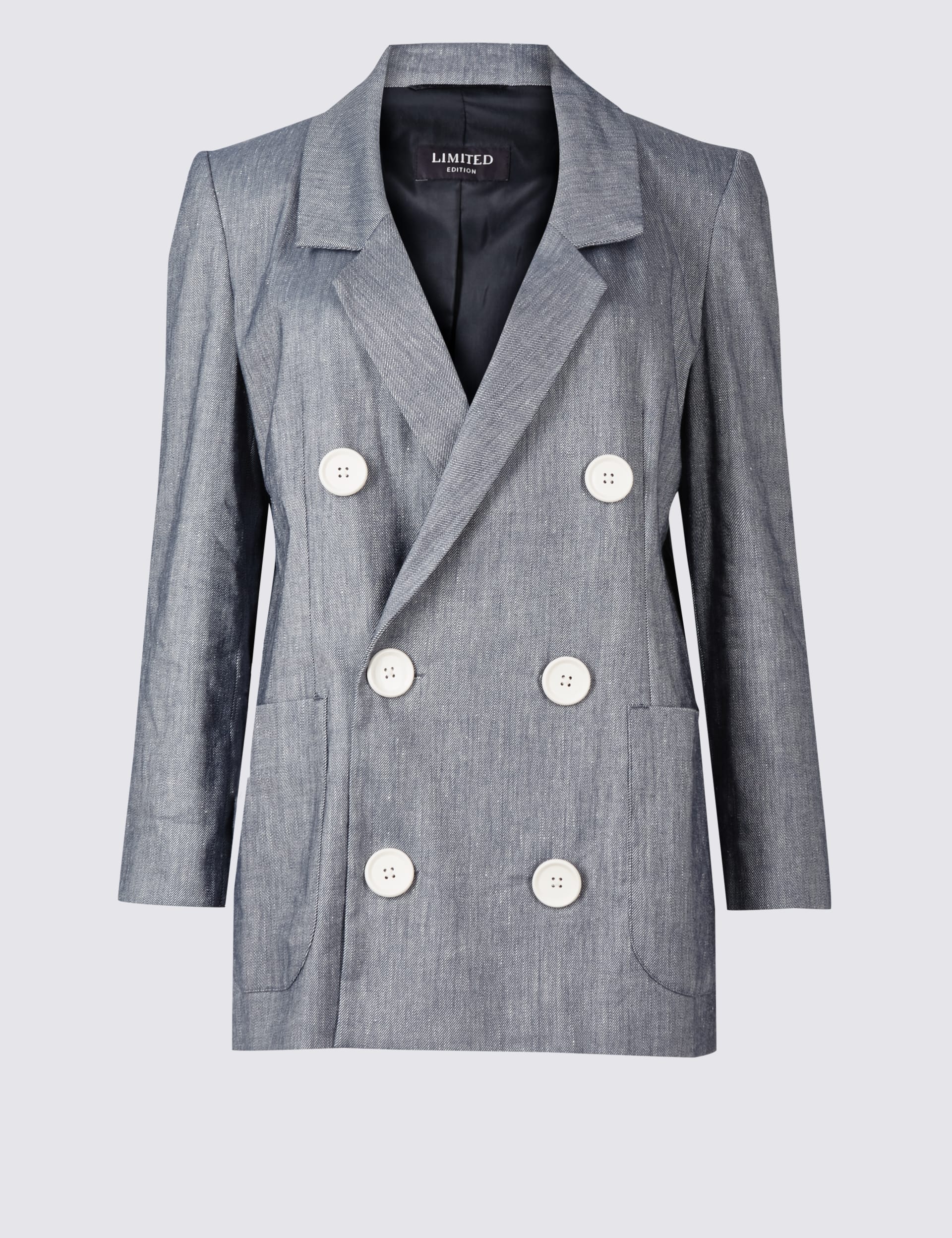Linen Blend Double Breasted Chambray Blazer Image 2 of 6