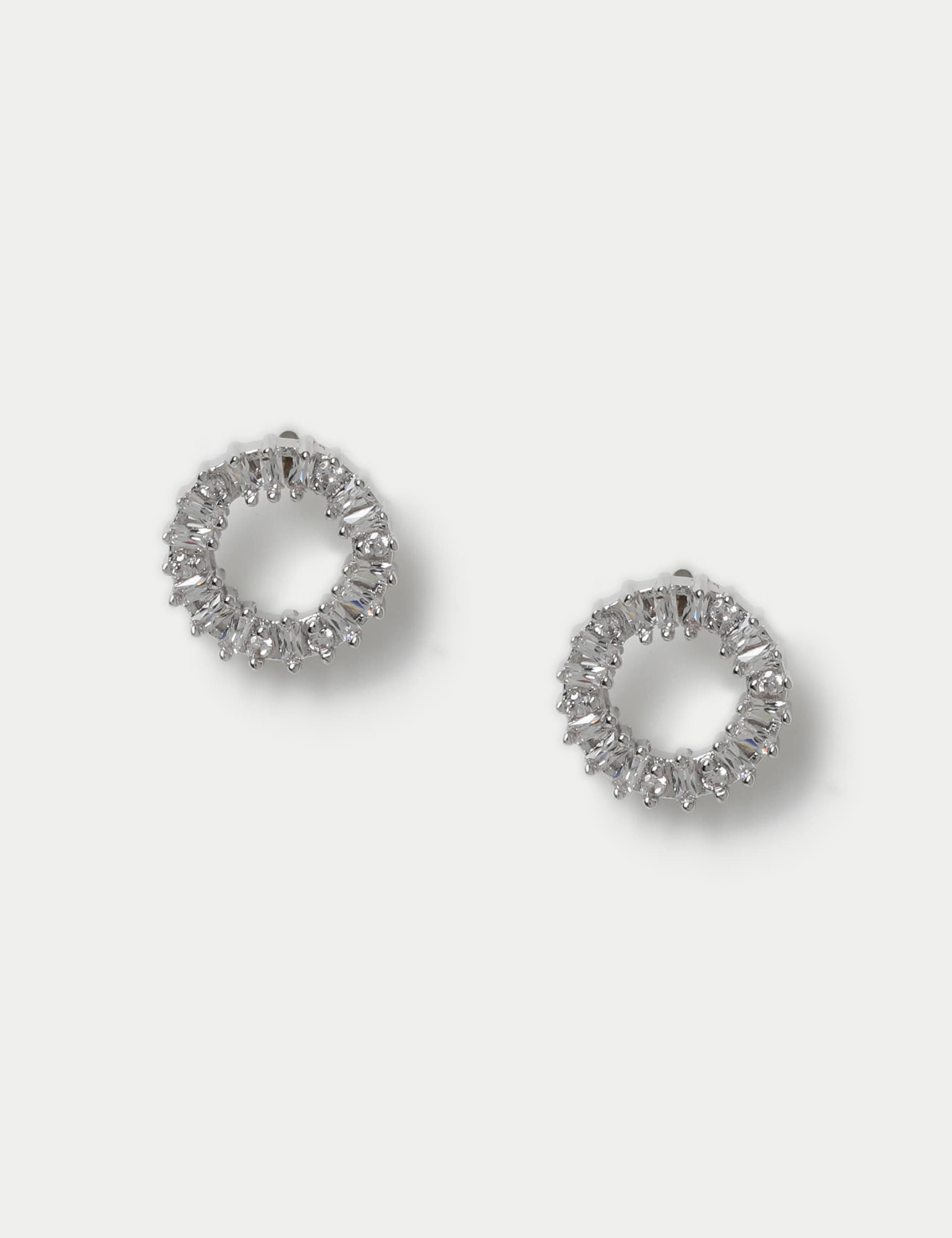 Platinum Plated Cubic Zirconia Baguette Circle Stud Earrings | M&S | M&S