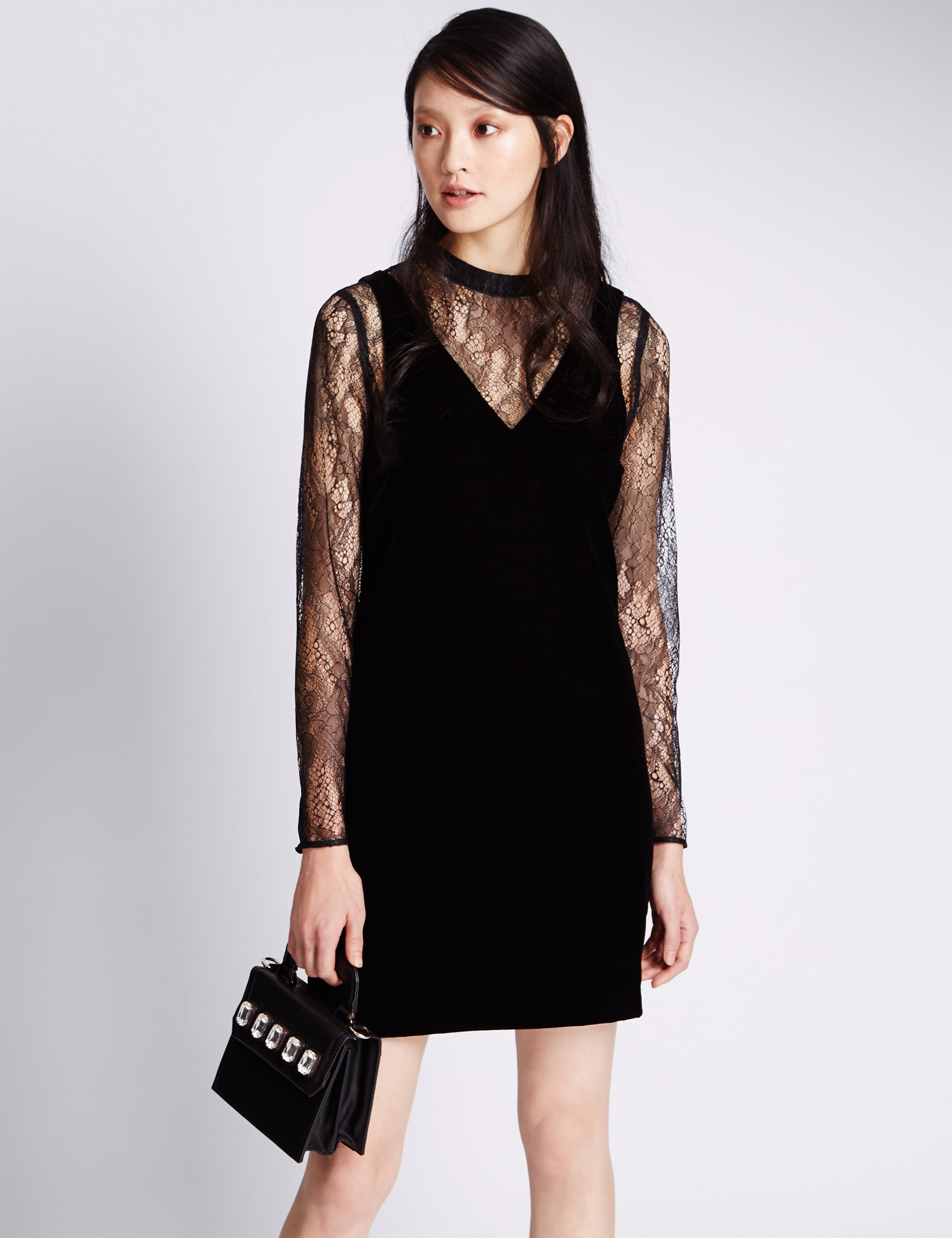 Velvet Floral Lace Shift Dress Image 2 of 3