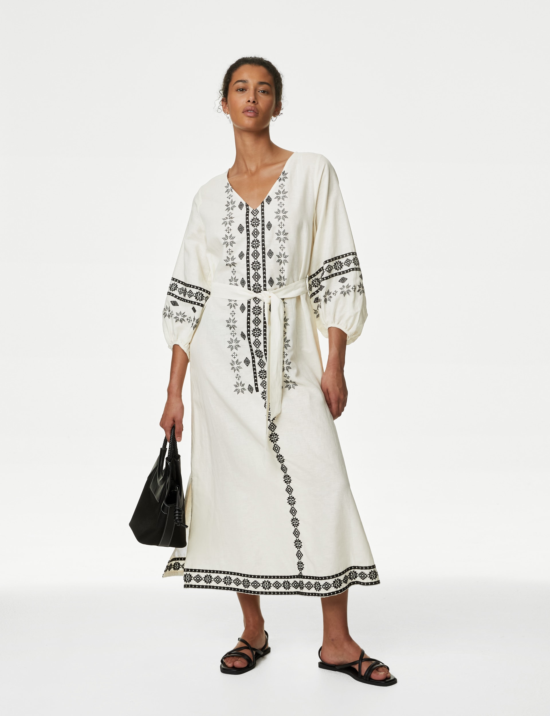 Linen Rich Embroidered V-Neck Day Dress