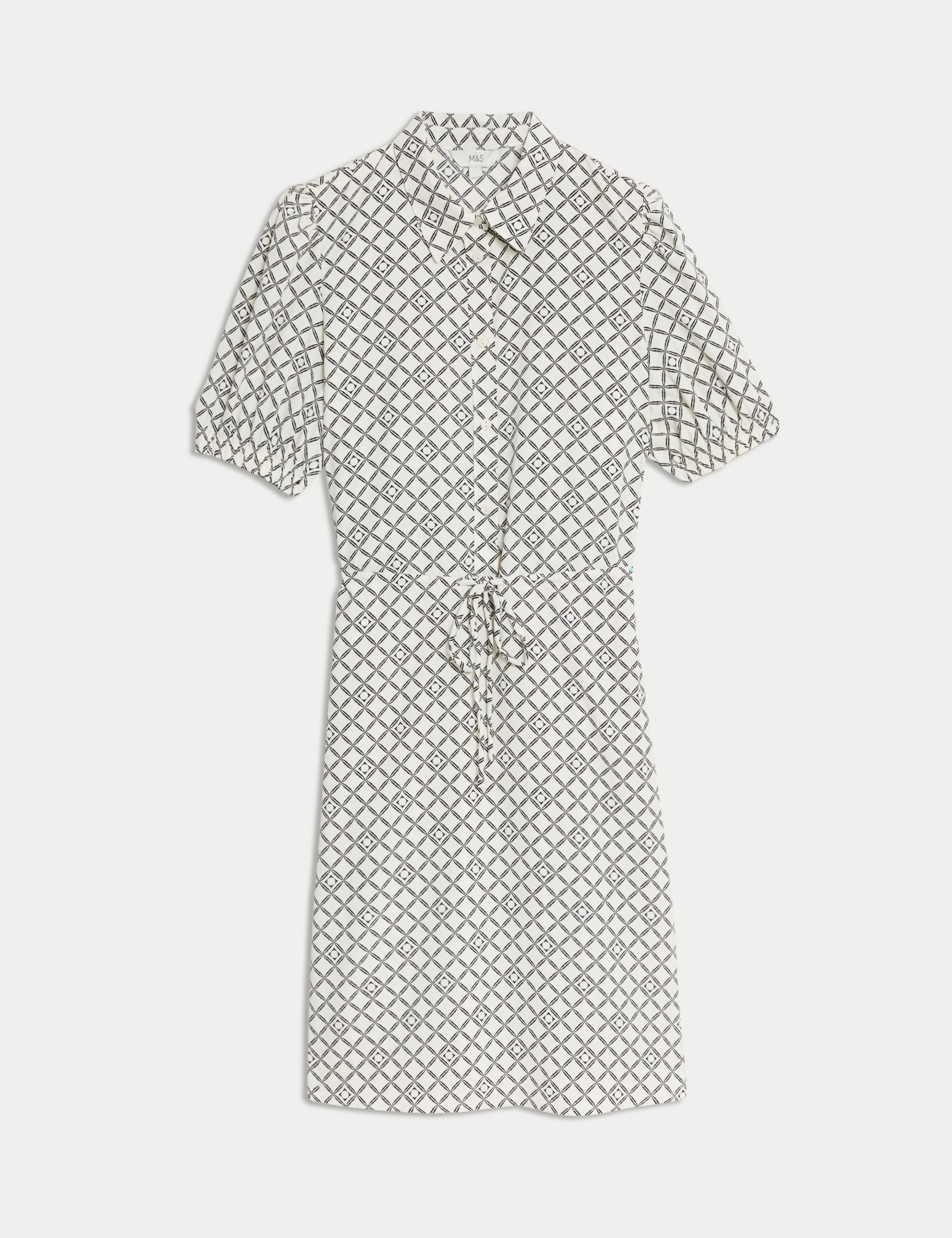 Printed Collared Tie Waist Mini Shirt Dress