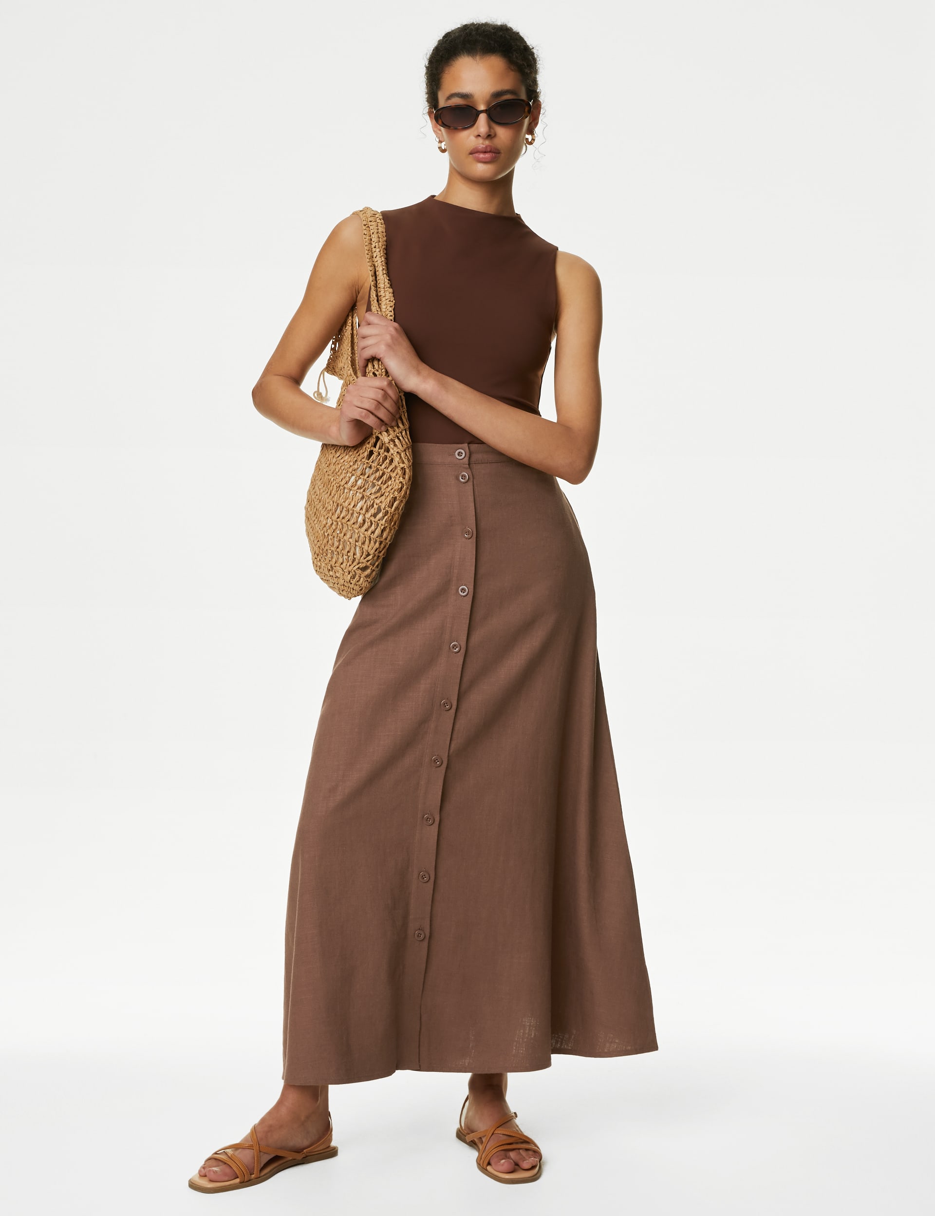 Linen Blend Button Front Midaxi Column Skirt