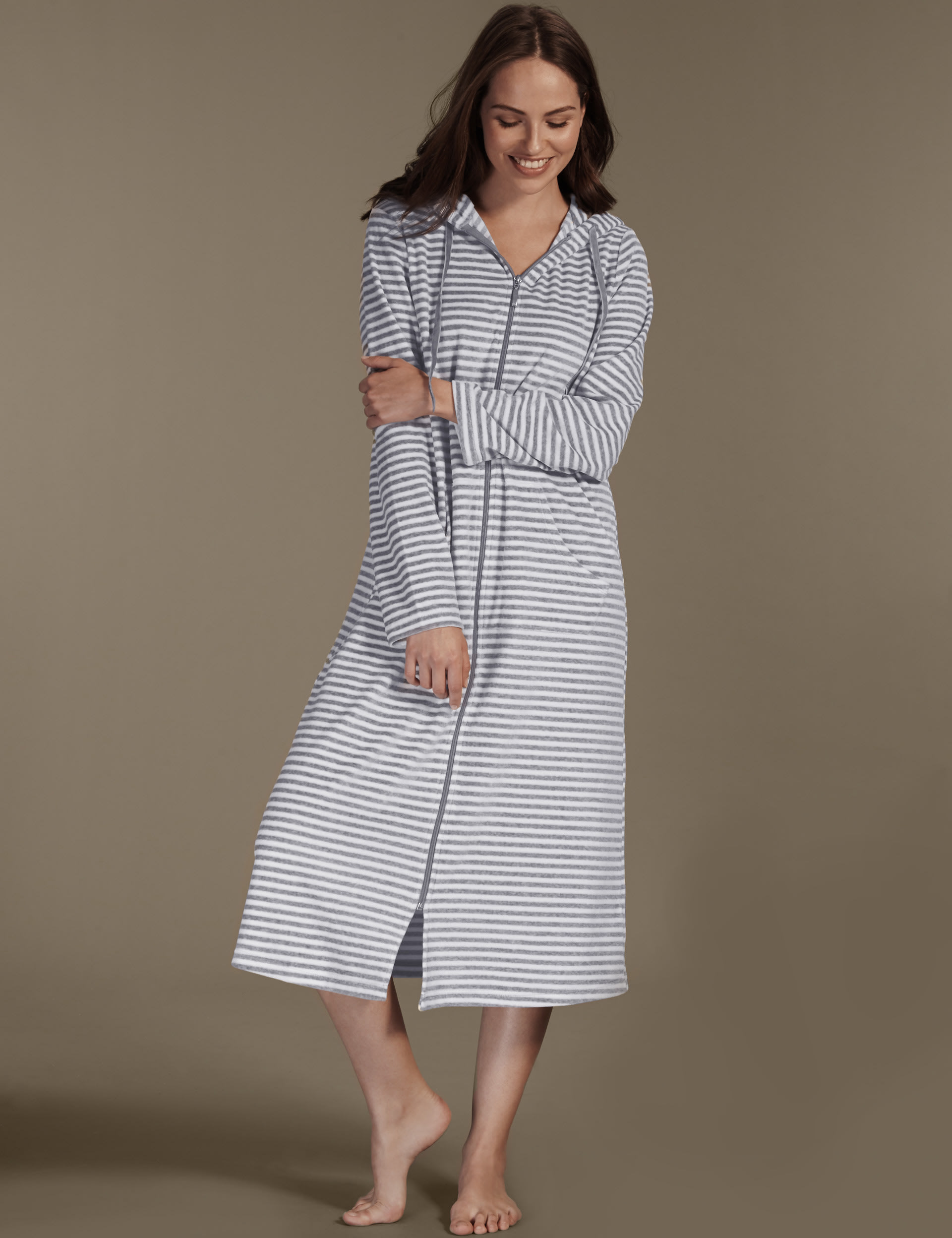 Cotton Rich Hooded Striped Velour Dressing Gown Image 2 of 4
