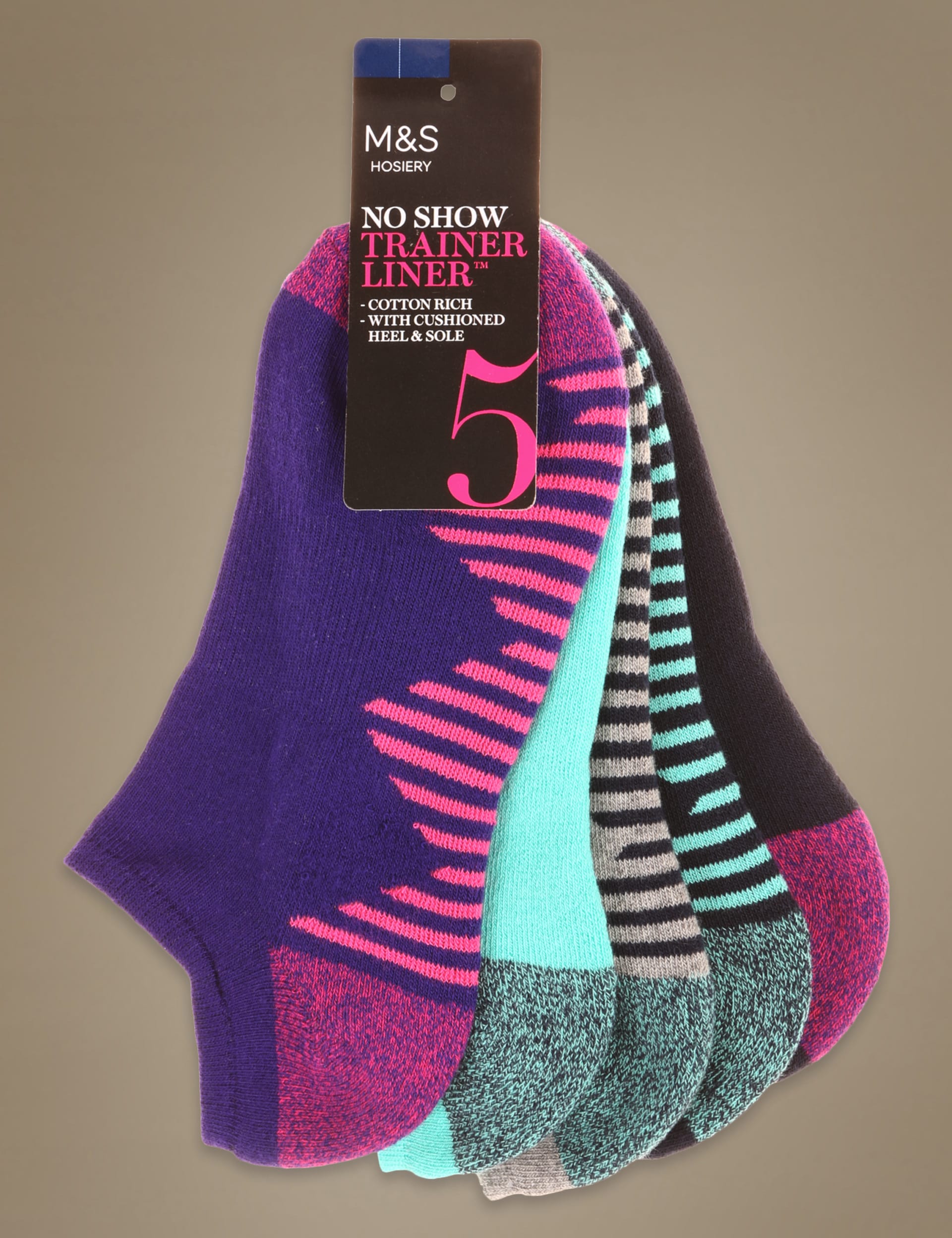 5 Pair Pack Cotton Rich No Show Trainer Liners Socks Image 2 of 4