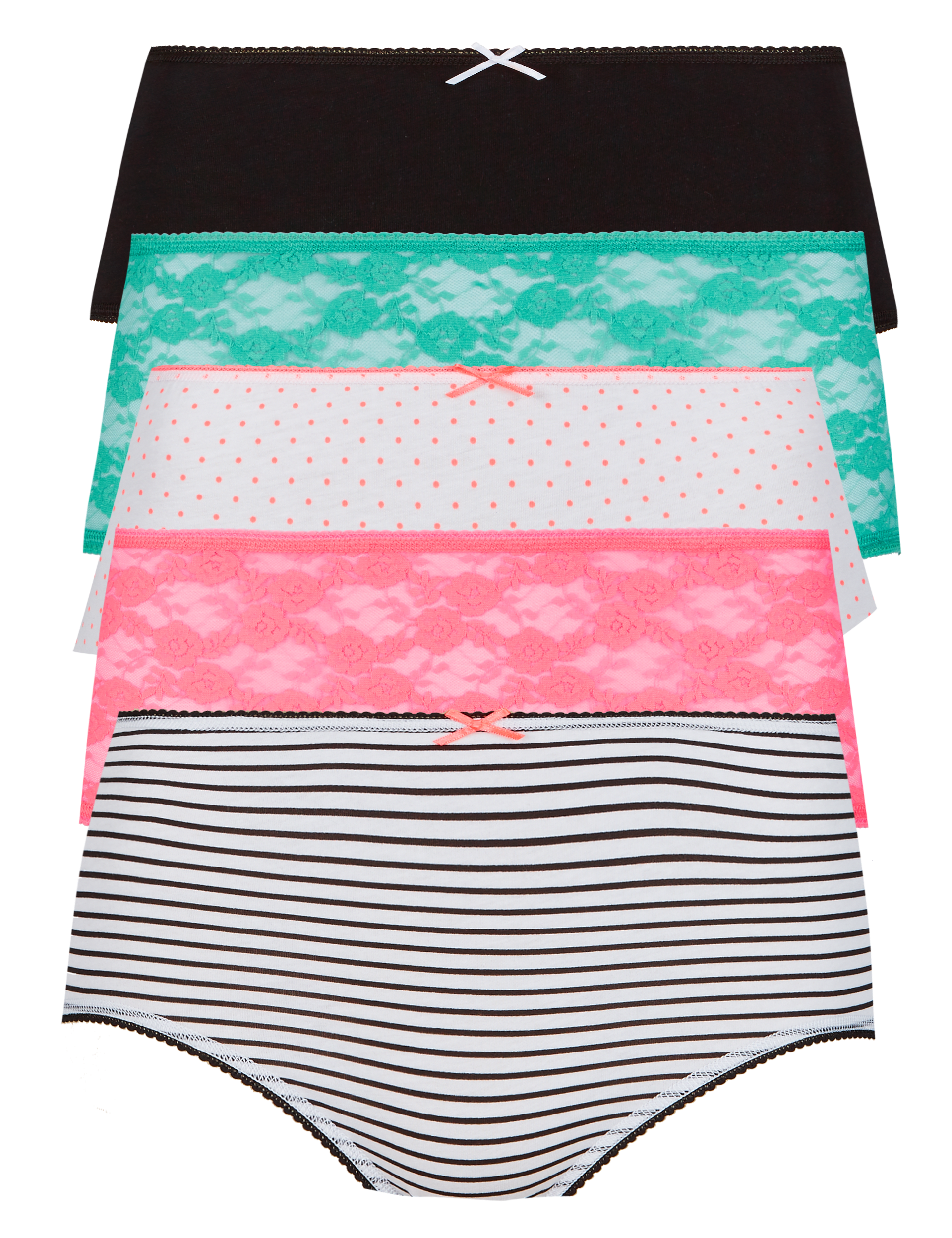 5 Pack Cotton Rich Spot Lace Midi Knickers Image 2 of 5