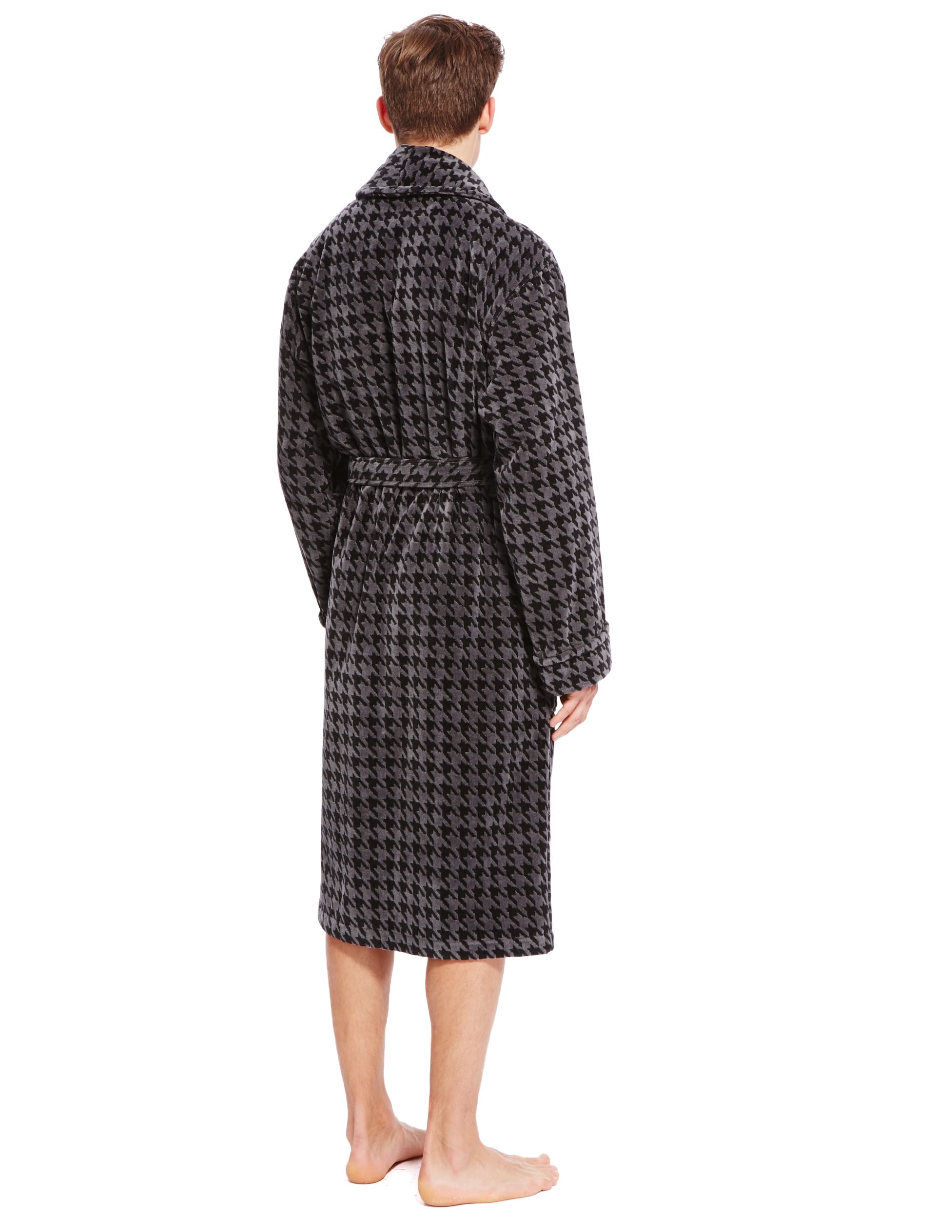 Pure Cotton Thermal Houndstooth Velour Dressing Gown Image 2 of 4
