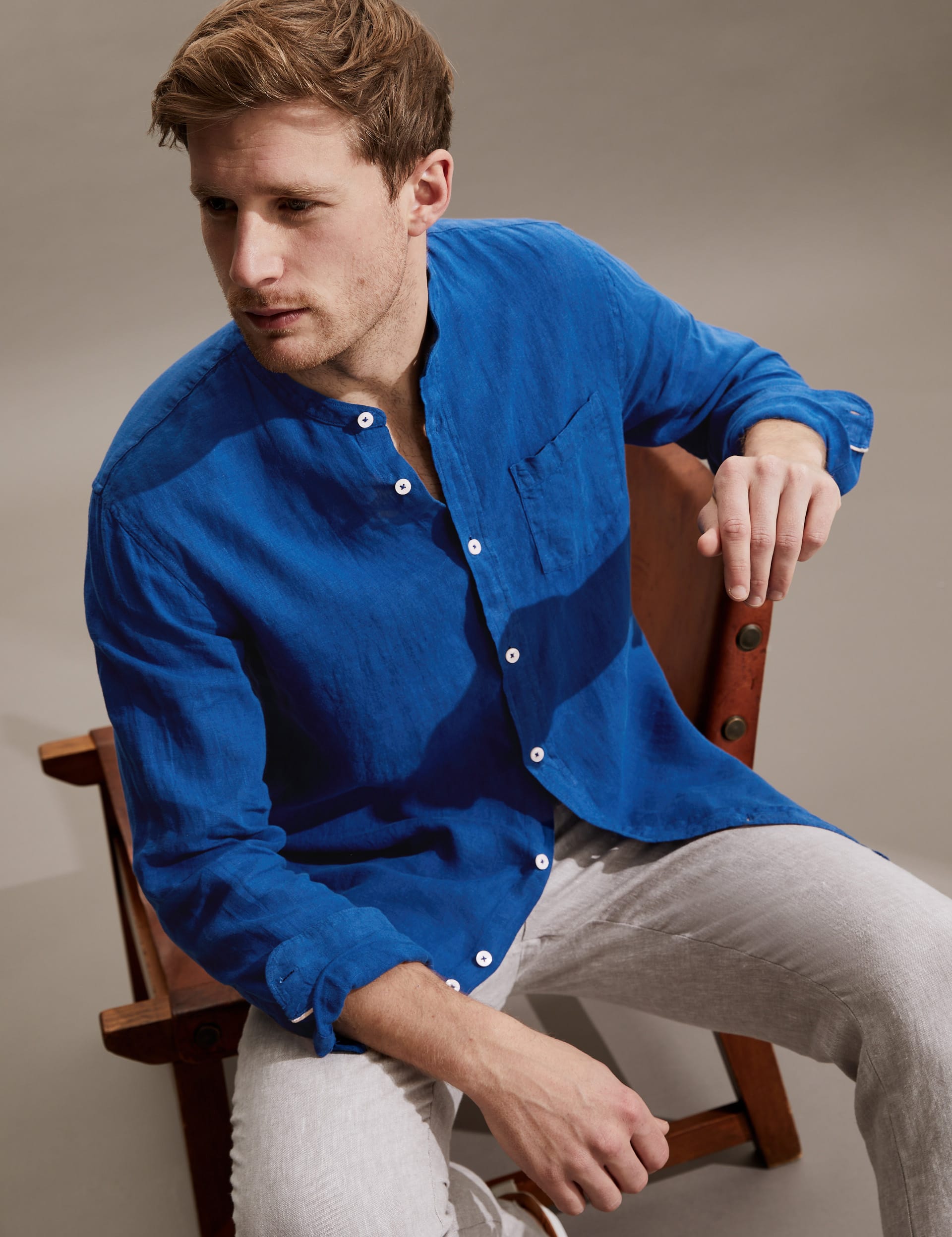 Pure Linen Grandad Collar Shirt | JAEGER | M&S