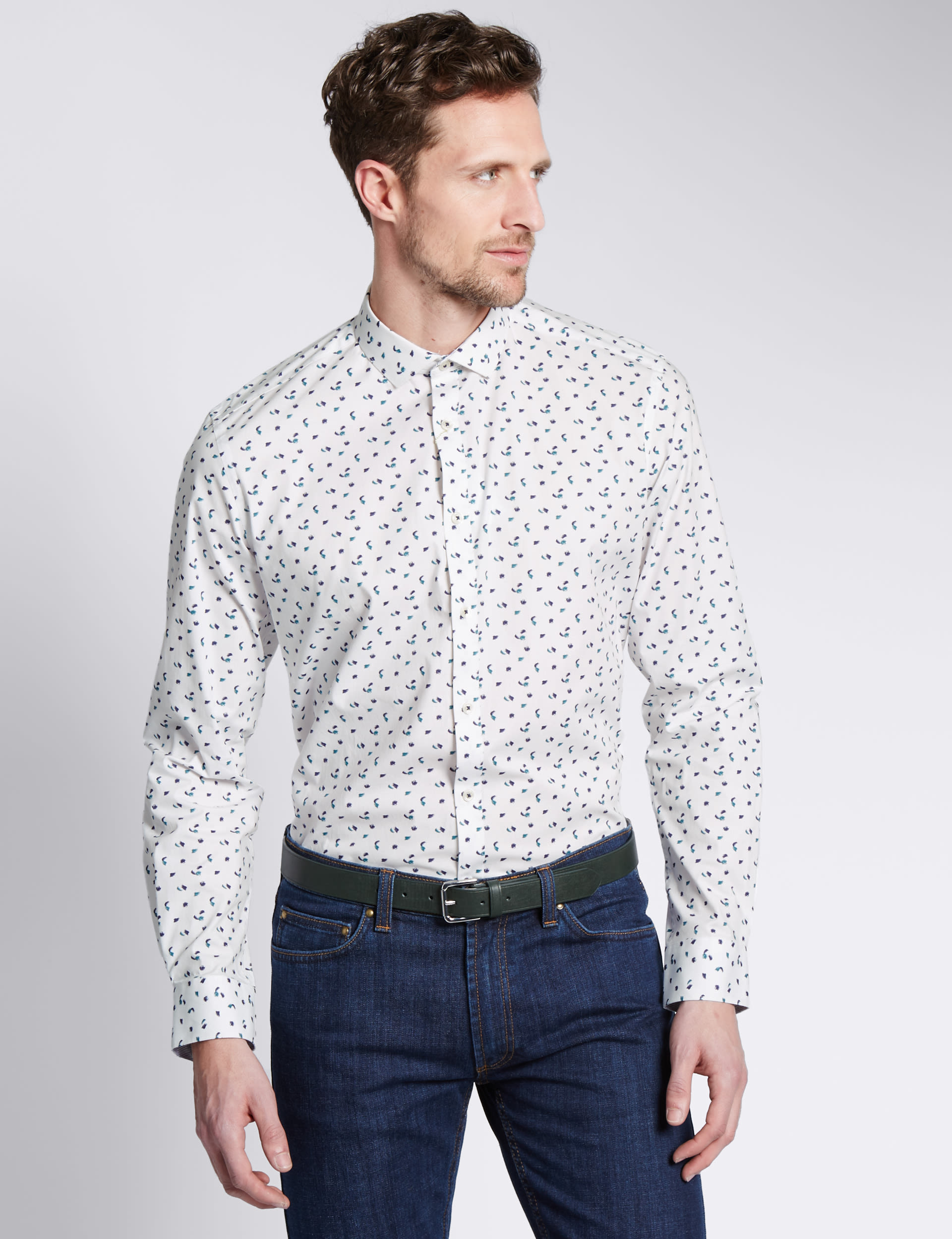 Cotton Rich Brush Stroke Print Stretch Shirt Image 2 of 6