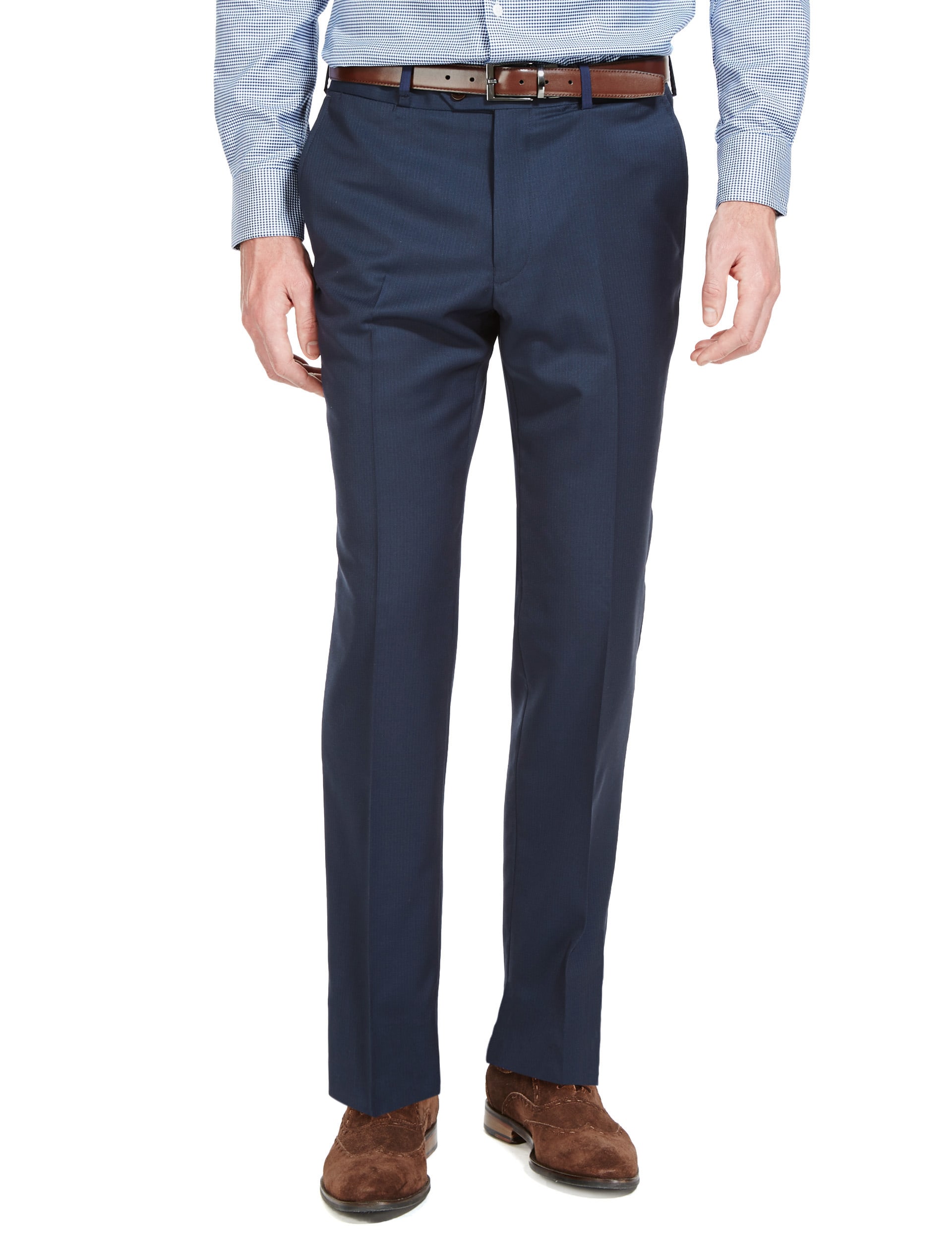 Navy Striped Tailored Fit Flat Front Trousers Image 2 of 3