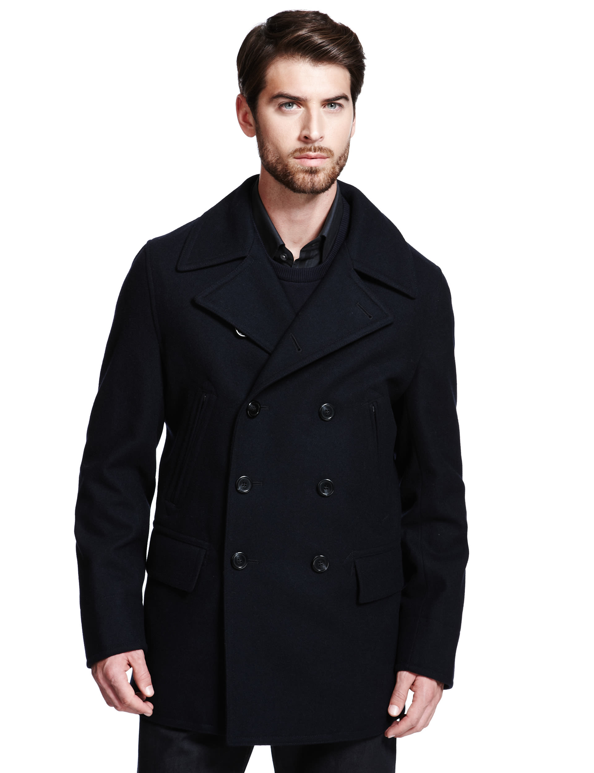 Wool Blend Double Breasted Pea Coat Autograph M S