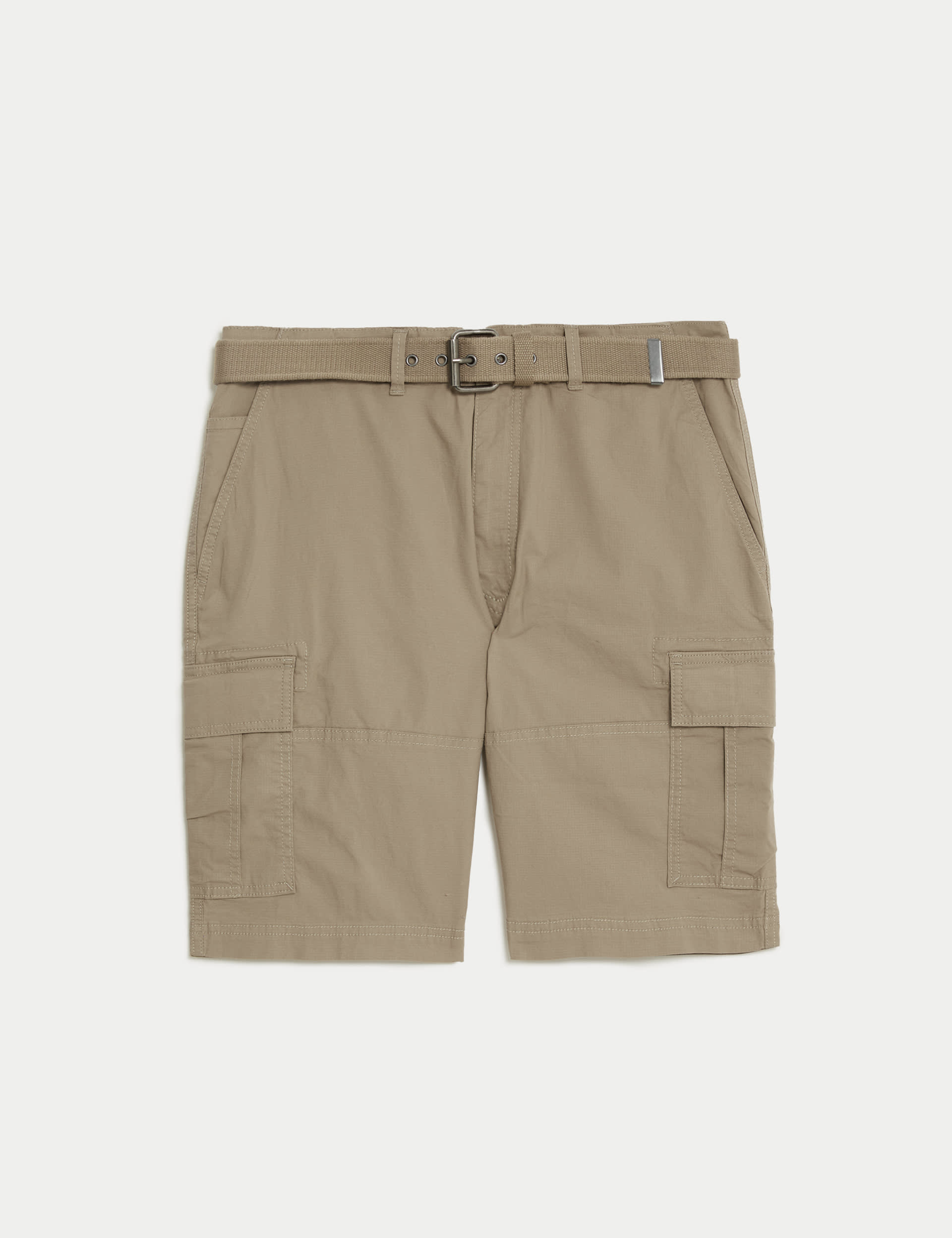 Pure Cotton Ripstop Textured  Belted Cargo Shorts