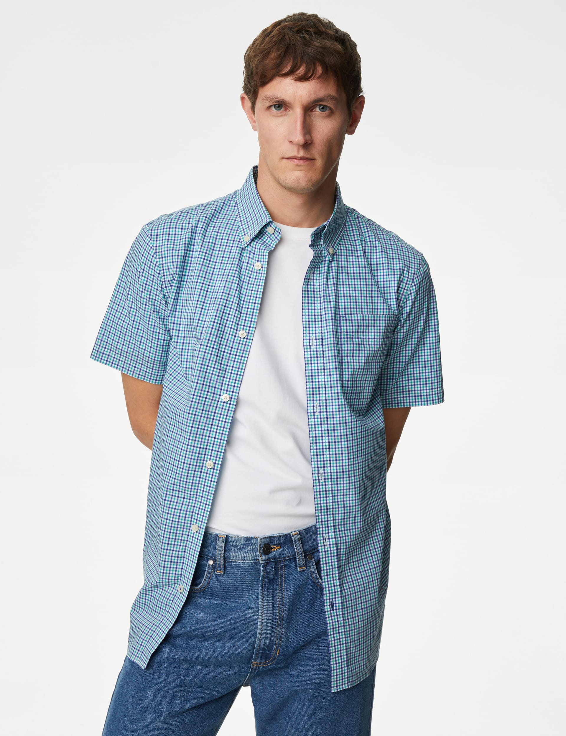 Easy Iron Cotton Stretch Gingham Check Oxford Shirt