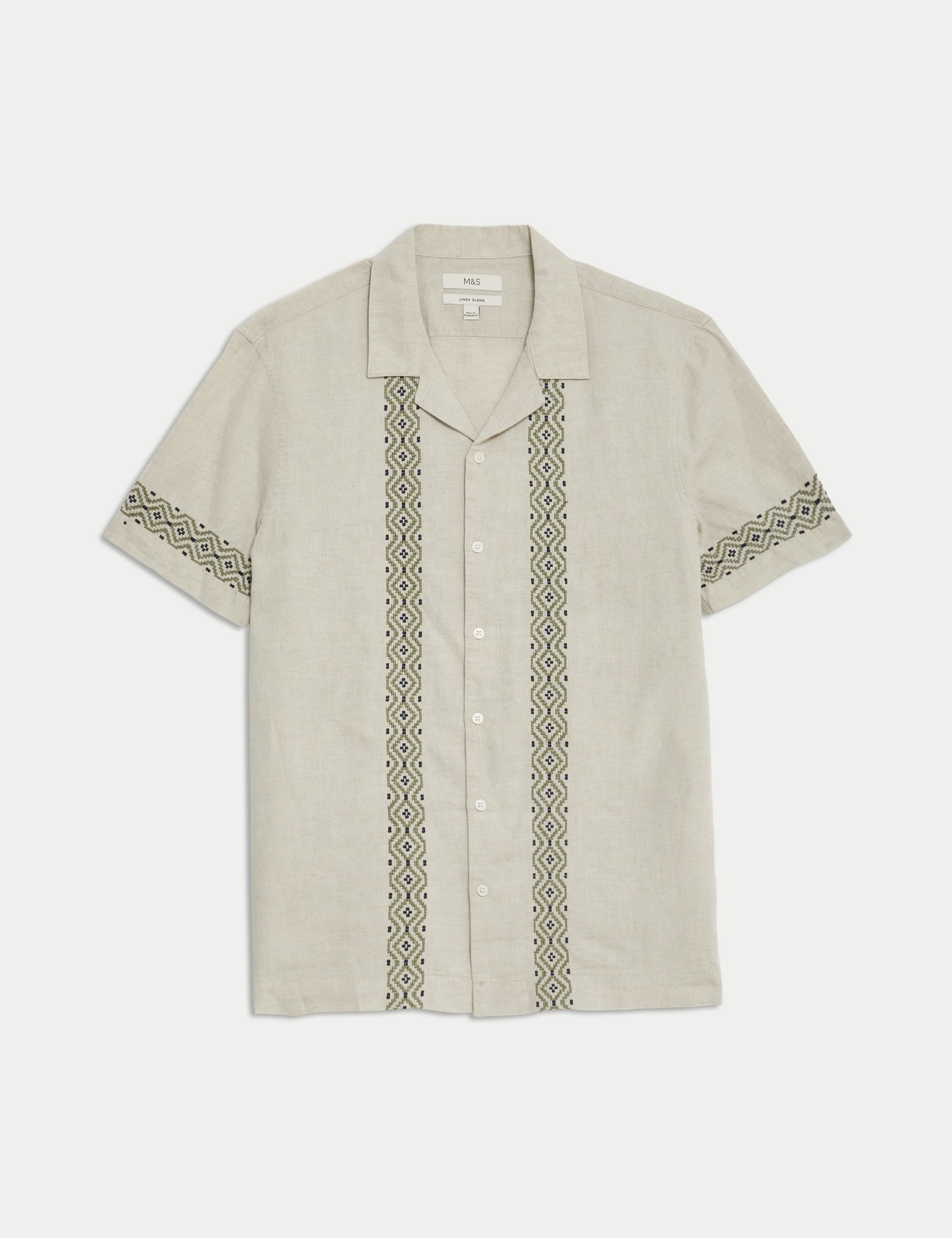 Cotton Linen Blend Embroidered Border Shirt
