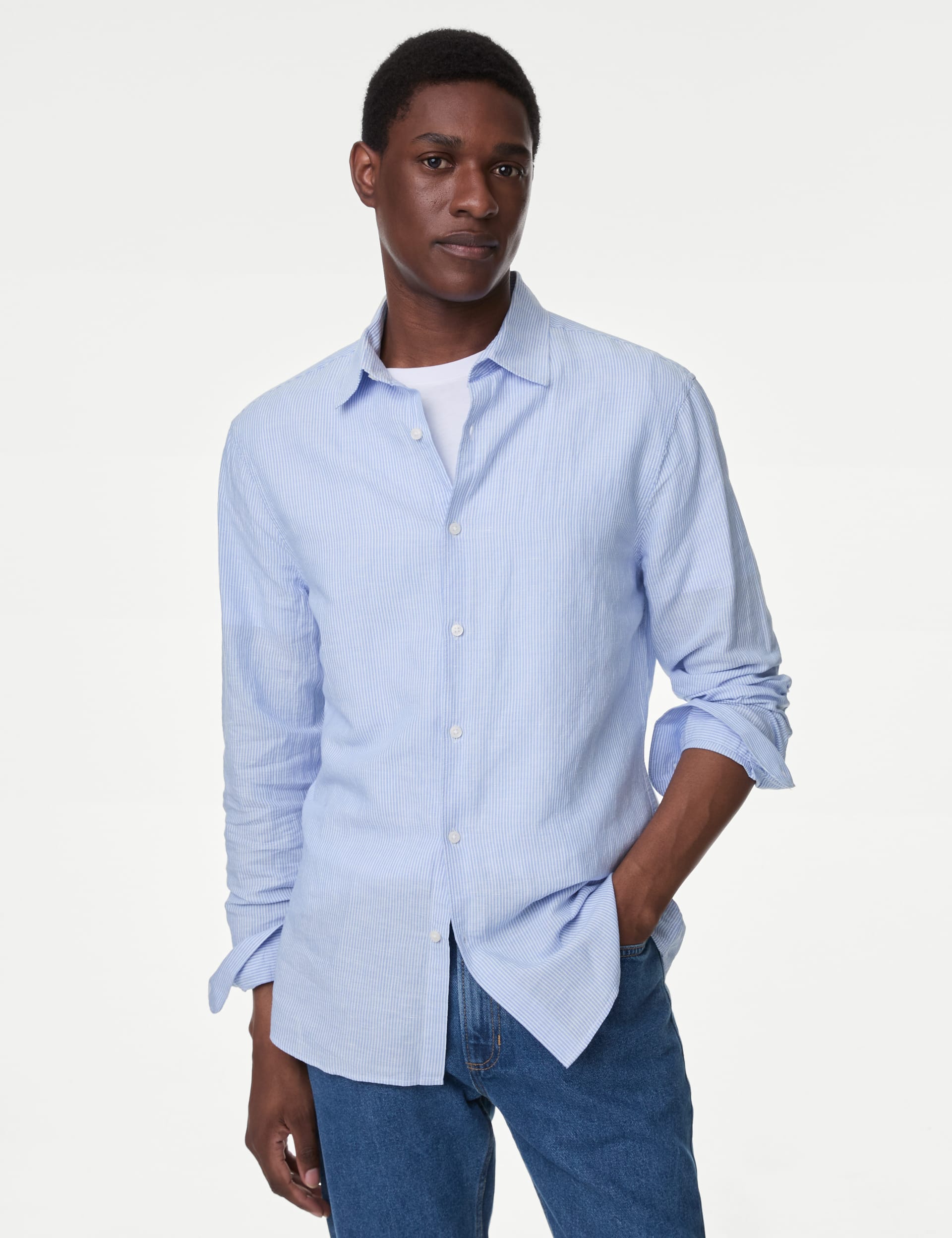 Cotton Linen Blend Fine Stripe Shirt