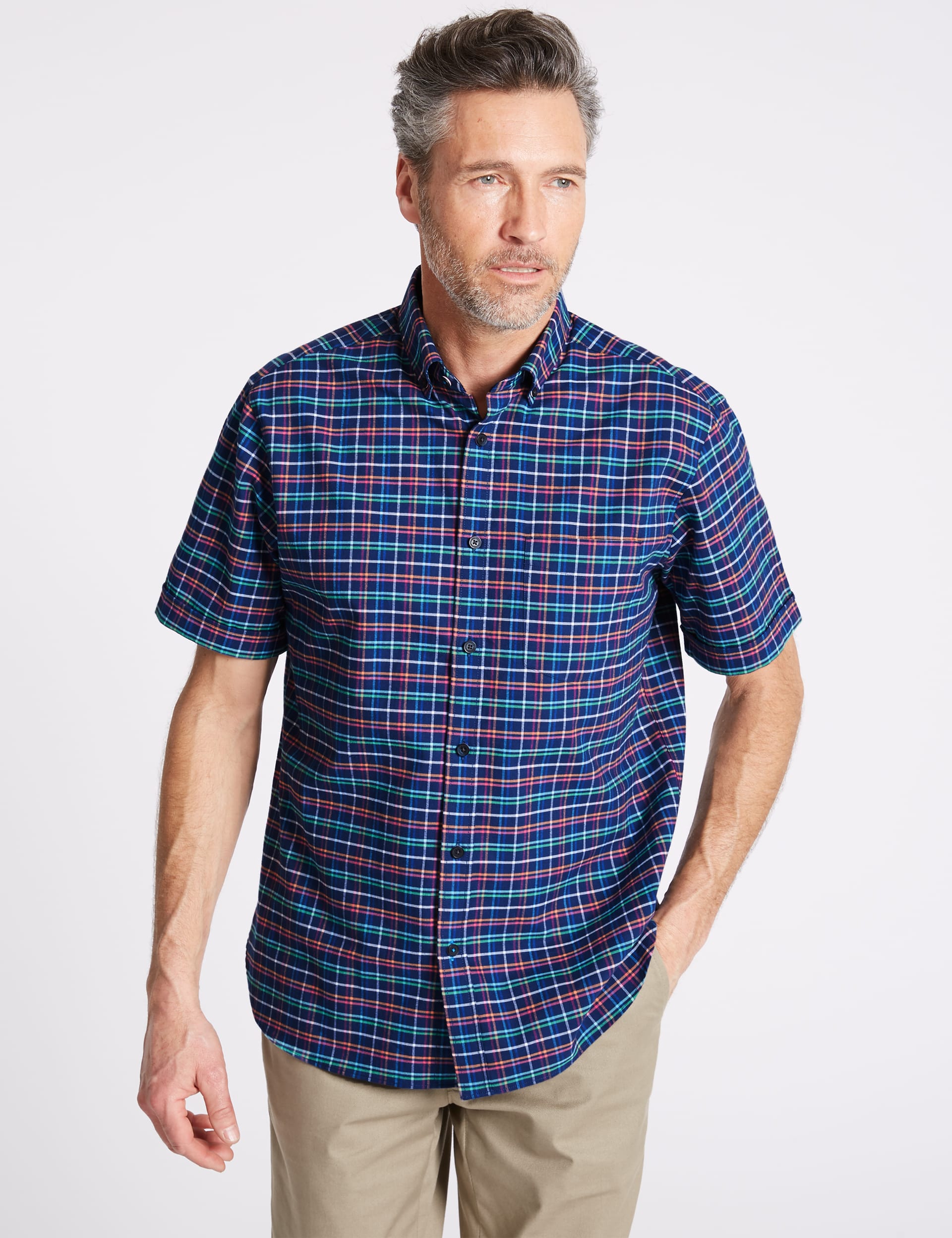 2in Longer Pure Cotton Checked Shirt with Pocket Image 2 of 6