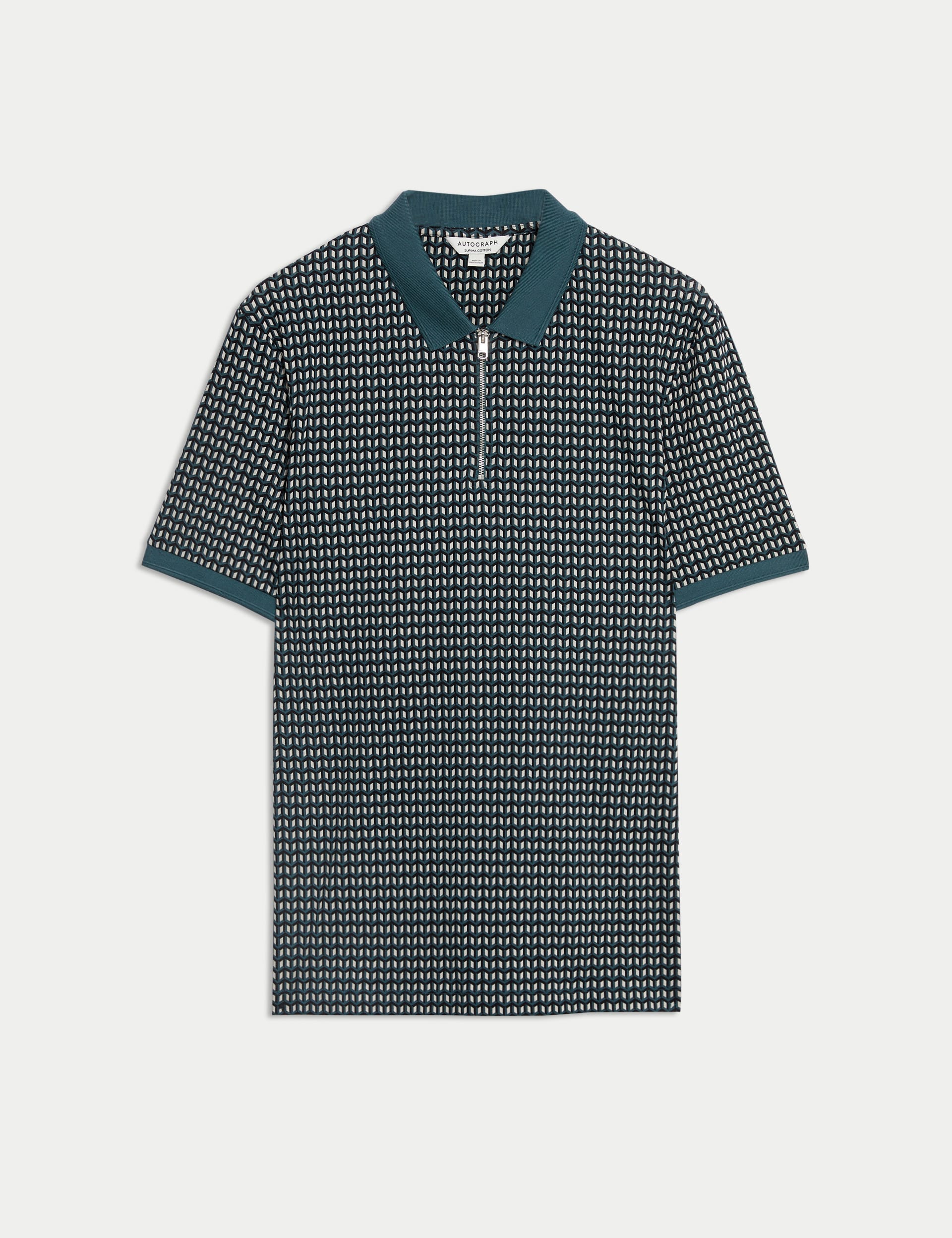 Cotton Rich Geometric Half Zip Polo Shirt