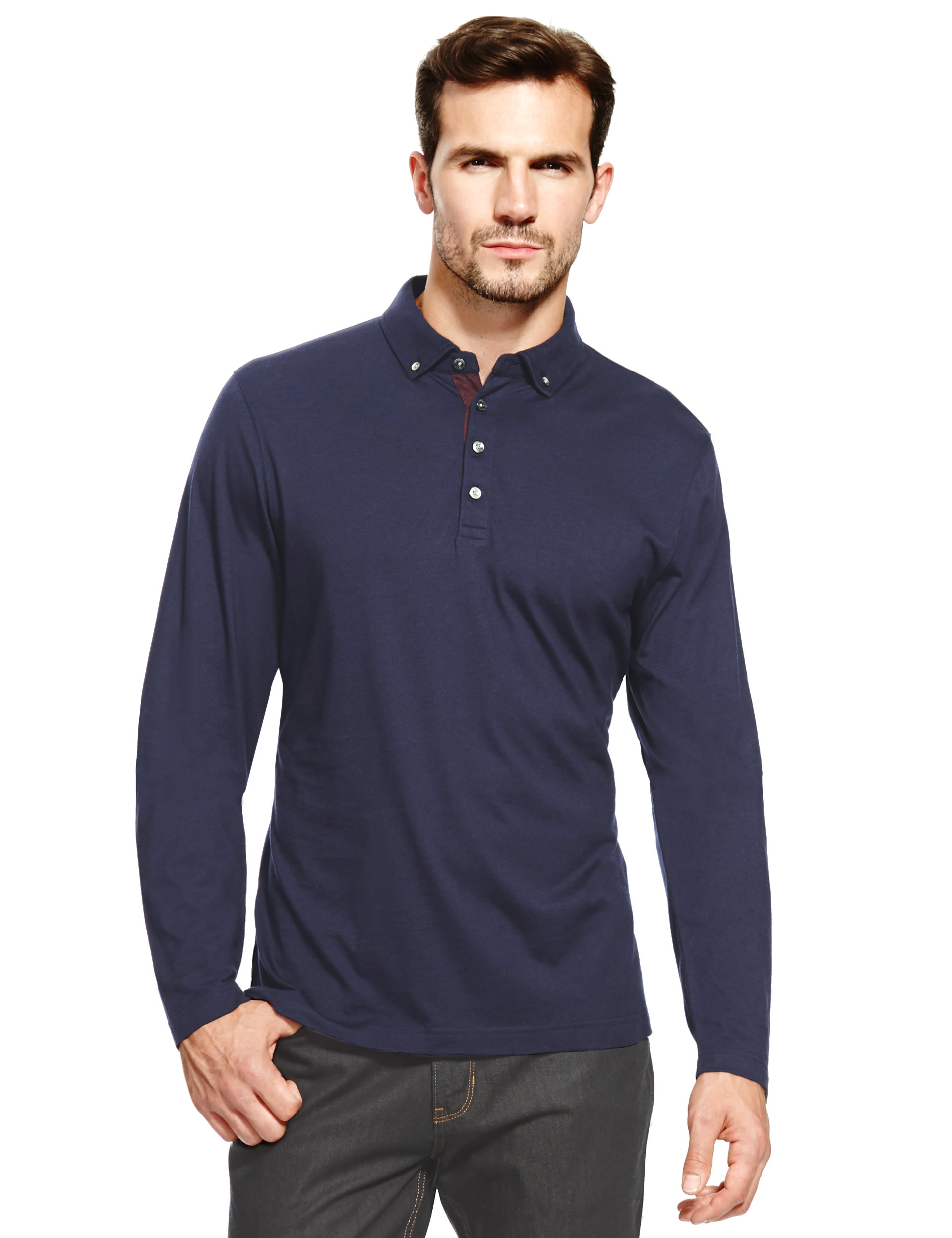 Luxury Cotton Rich Long Sleeve Polo Shirt with Silk Image 2 of 3