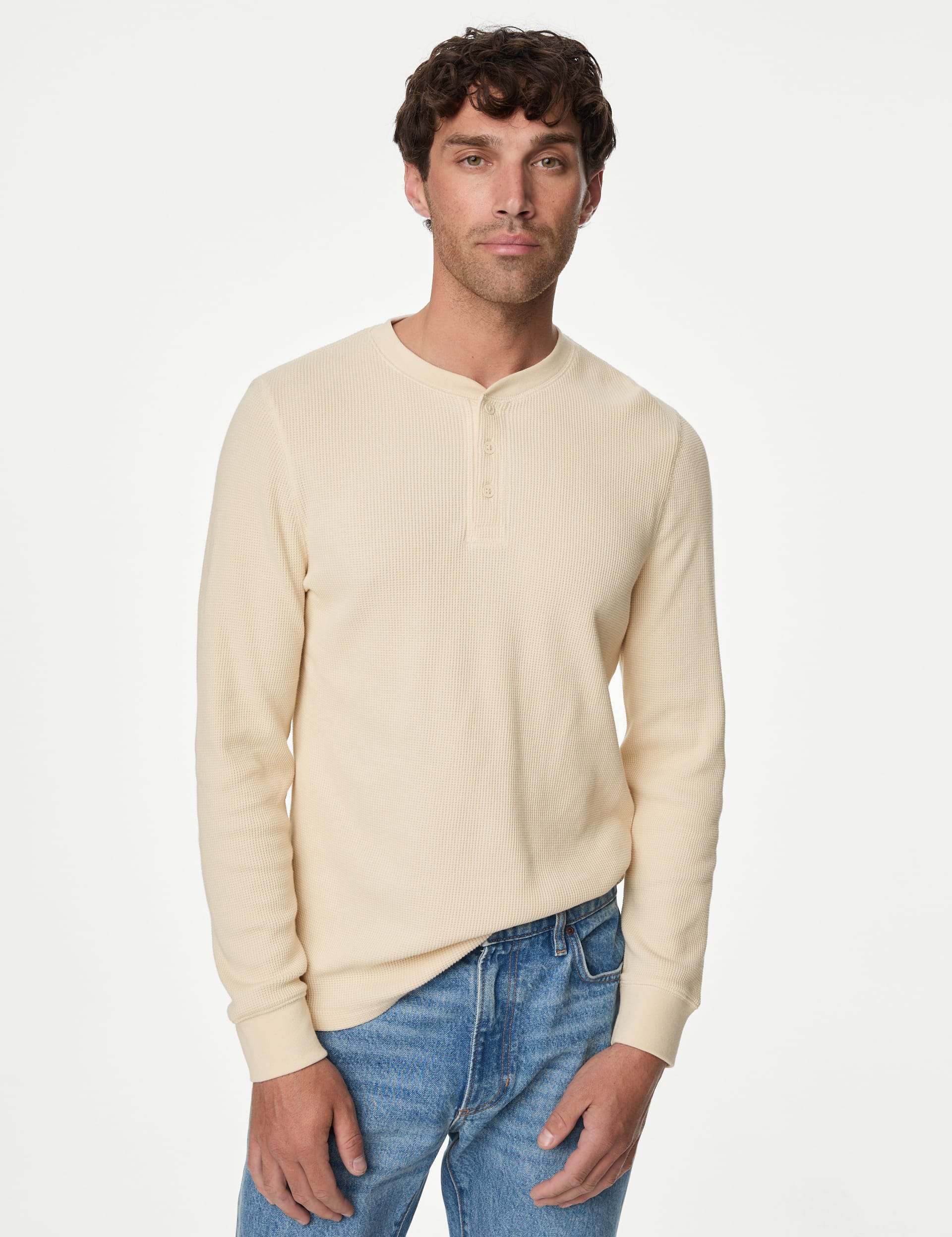 Pure Cotton Henley Waffle Long Sleeve Top