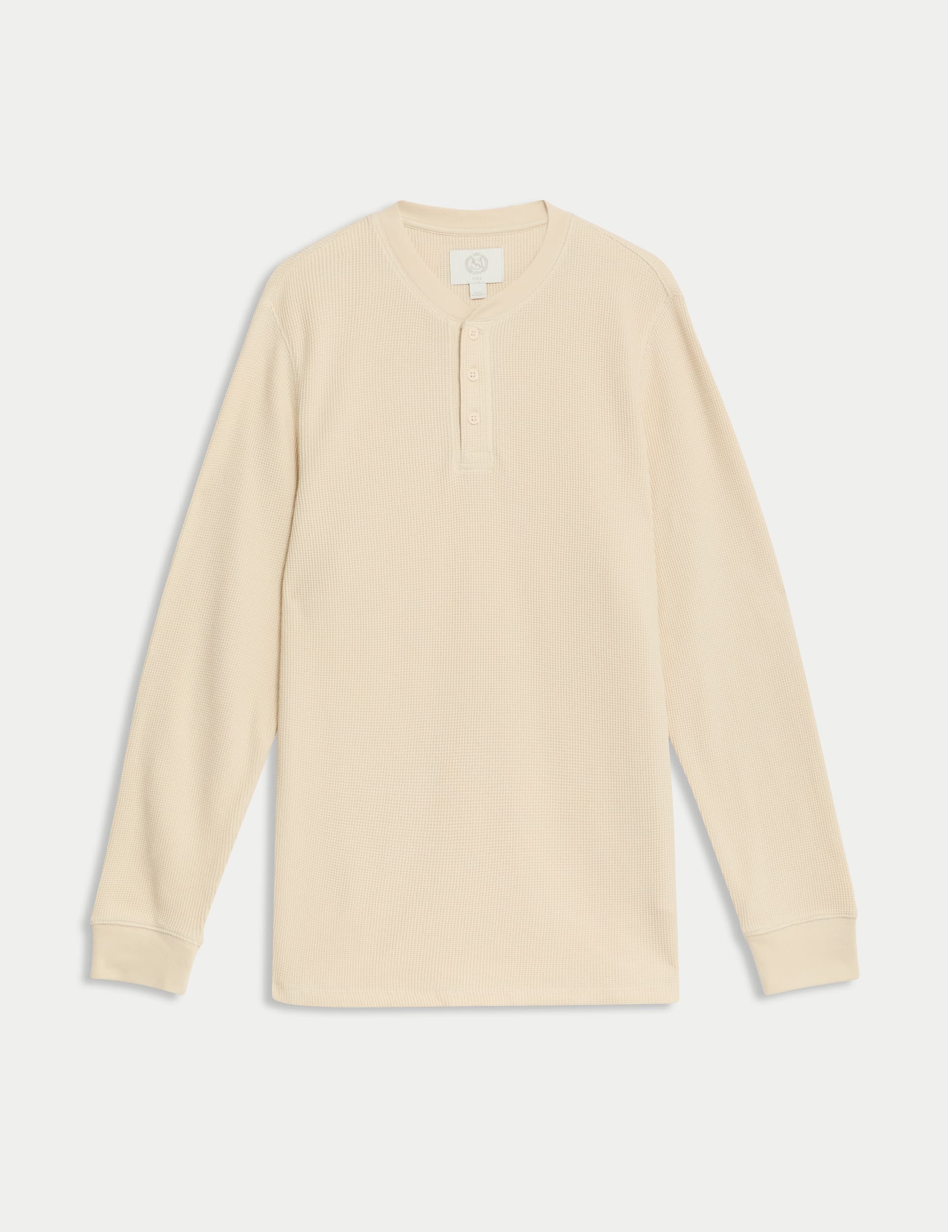 Pure Cotton Henley Waffle Long Sleeve Top