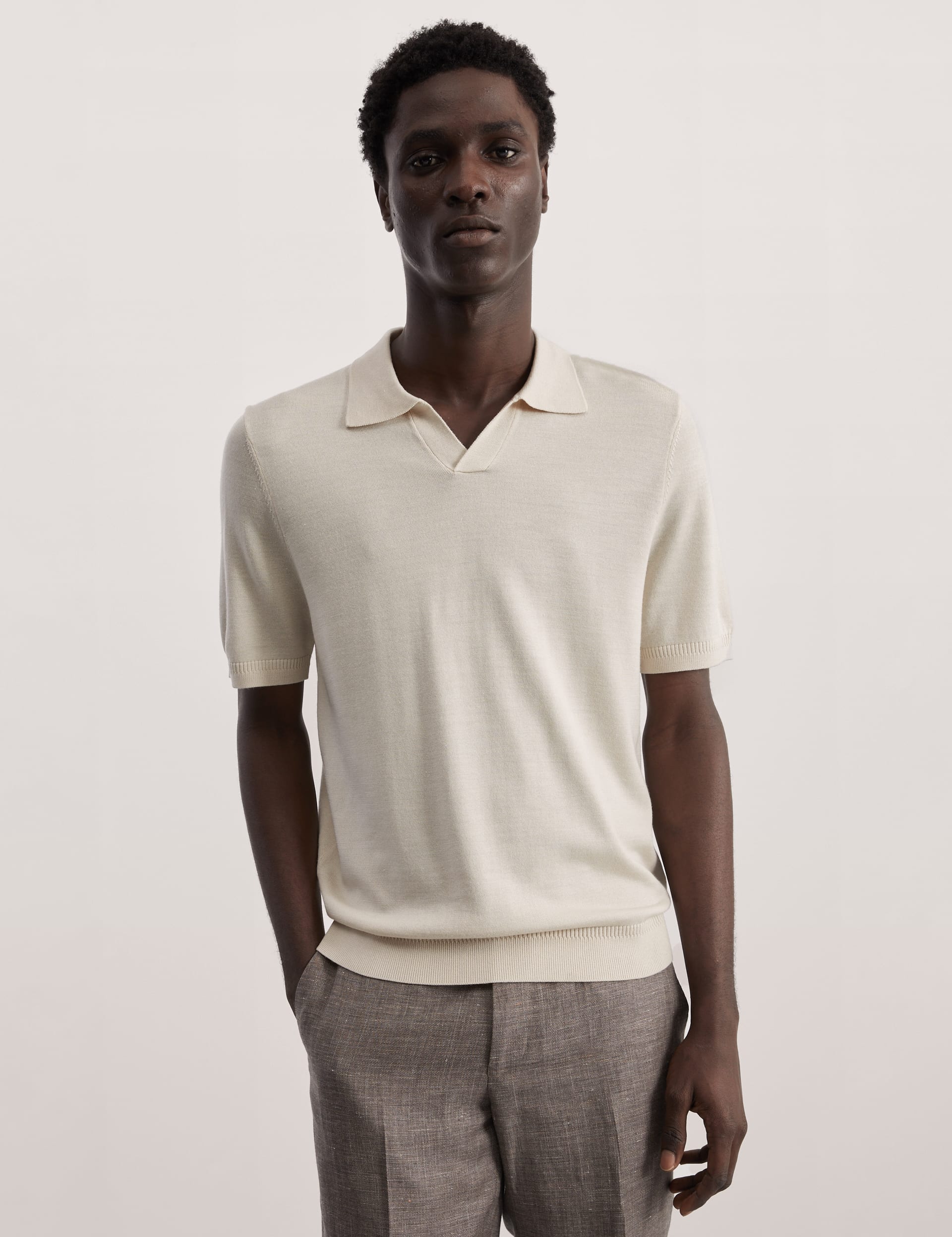 Merino Wool Rich Open Neck Knitted Polo Shirt with Silk | JAEGER | M&S