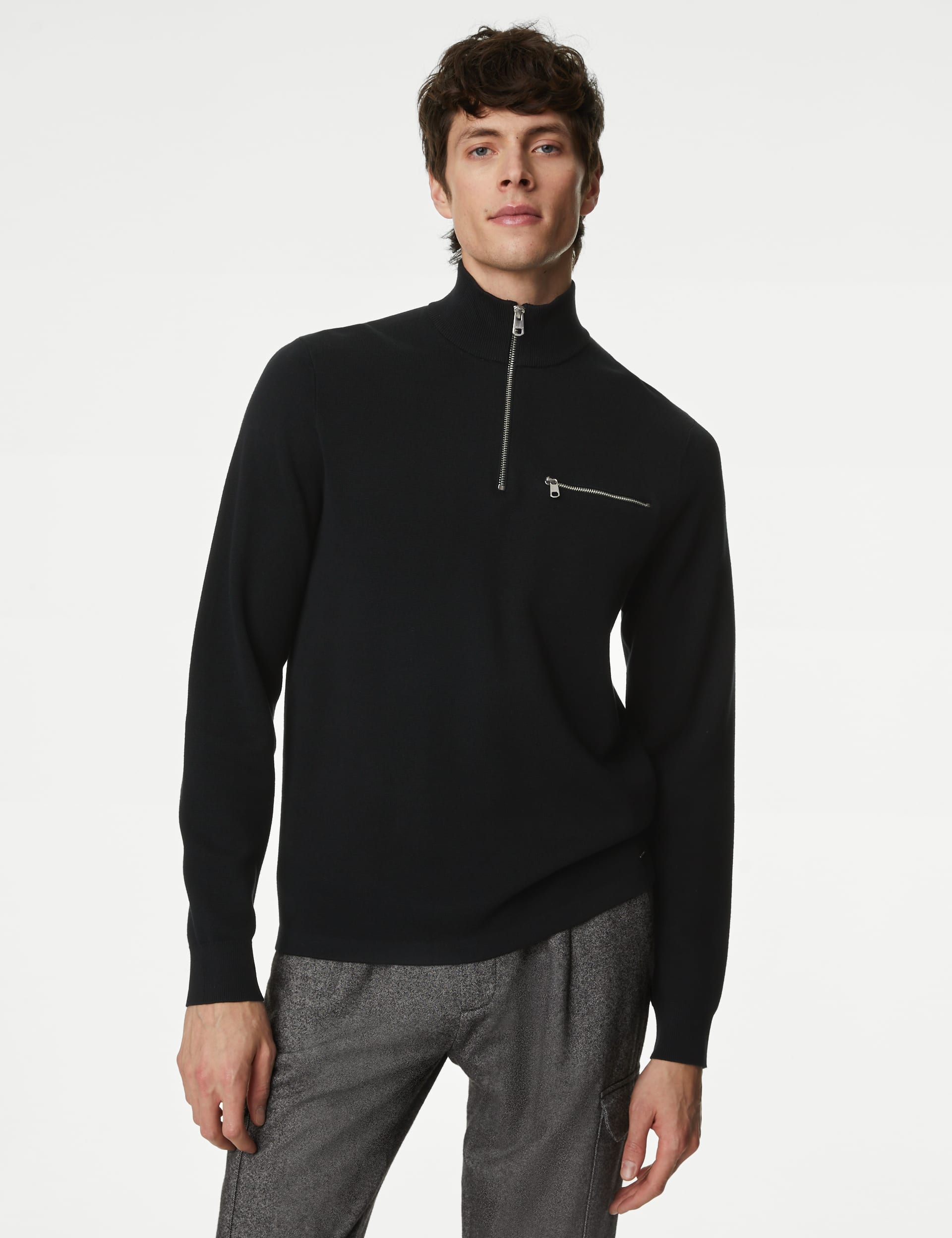 Cotton Rich Funnel Neck Half Zip Jumper | Autograph | M&S