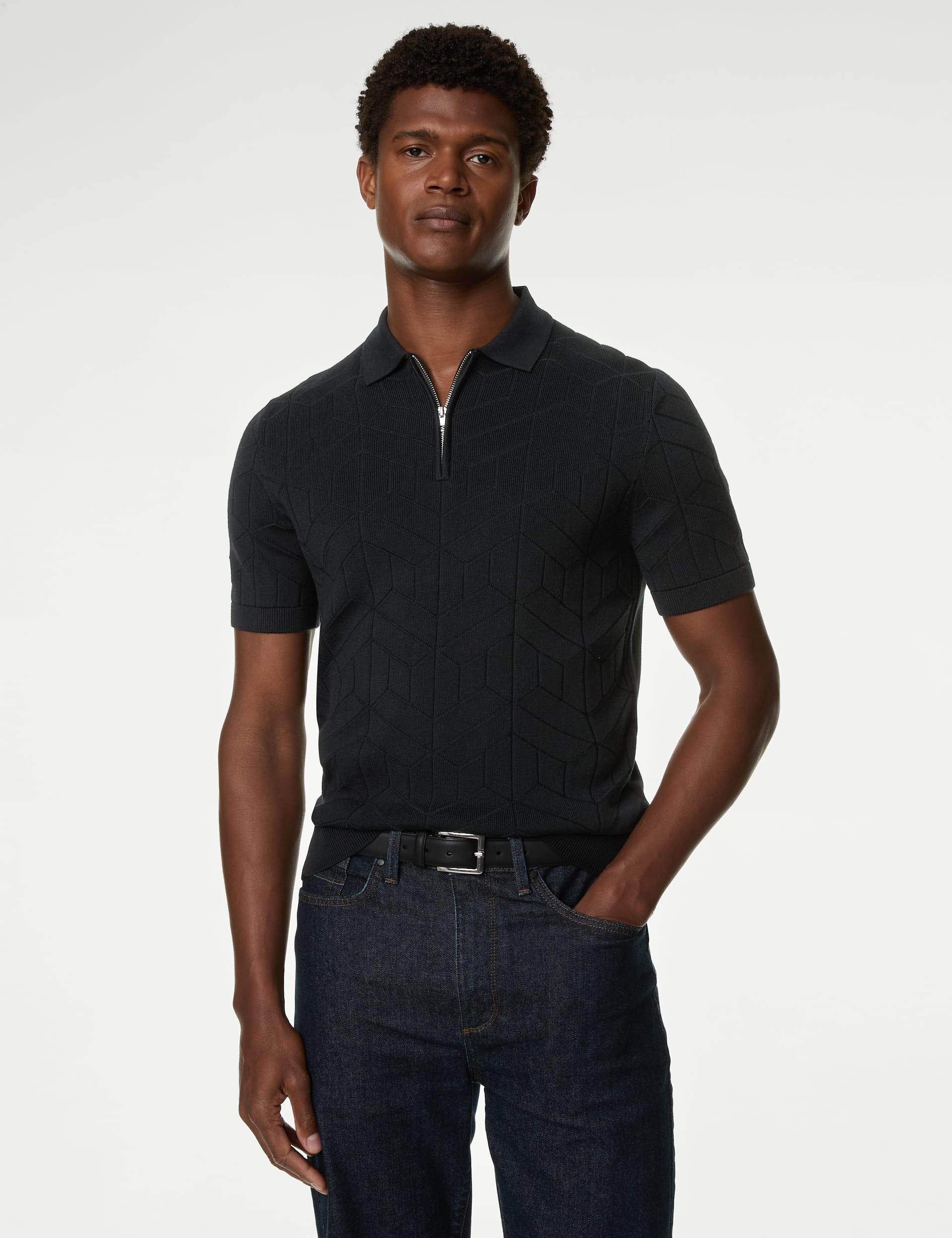 Cotton Rich Zip Up Knitted Polo Shirt