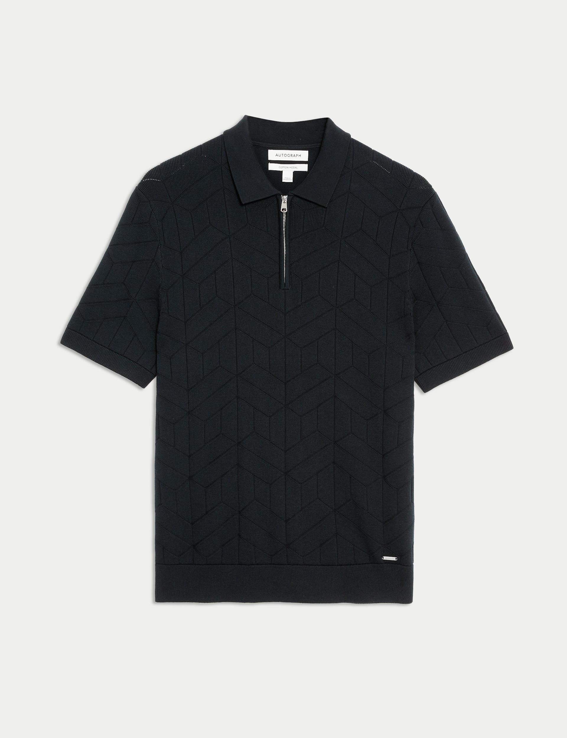 Cotton Rich Zip Up Knitted Polo Shirt
