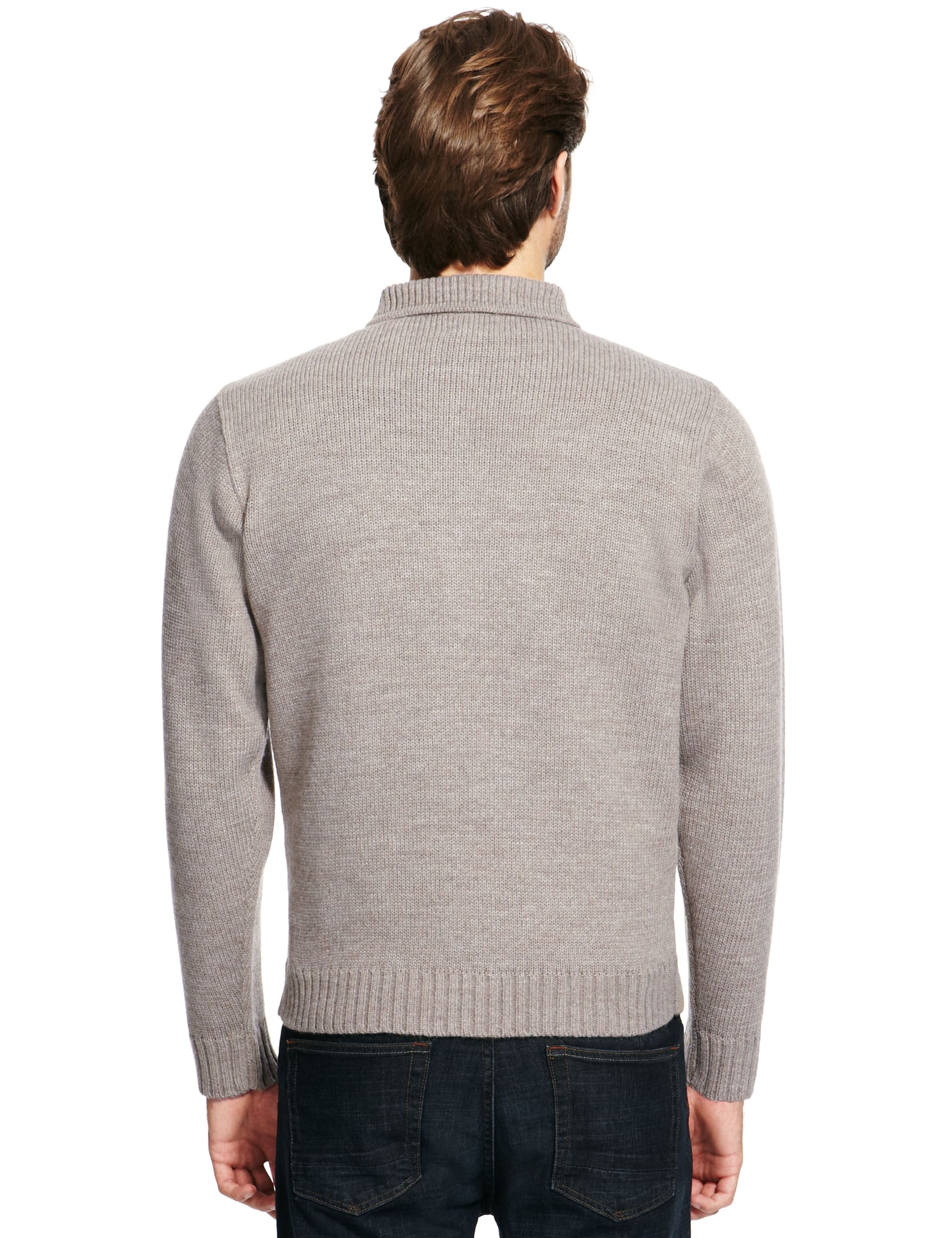 Faux Suede Trim Zip Through Cardigan with Wool Image 2 of 3