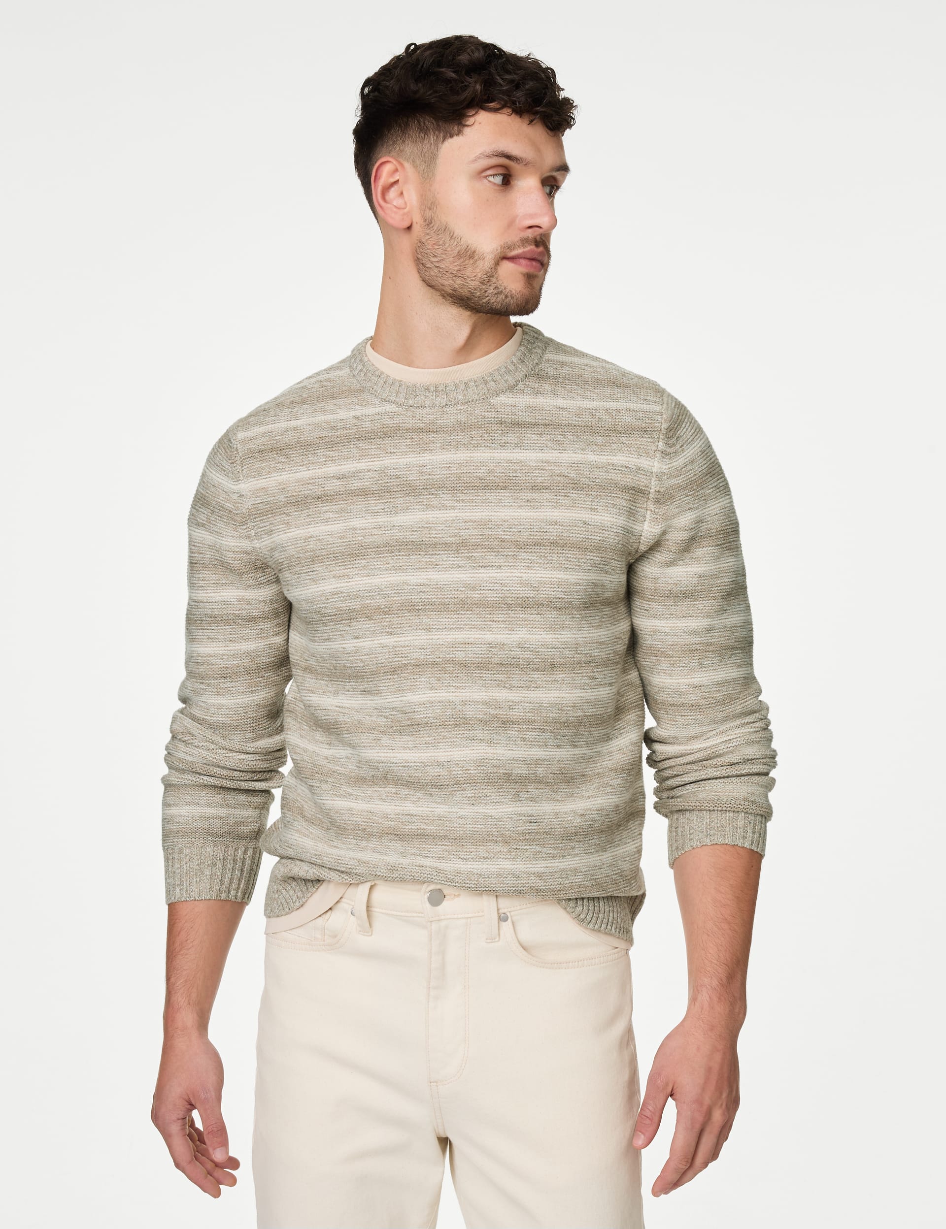 Cotton Blend Striped Crew Neck Jumper