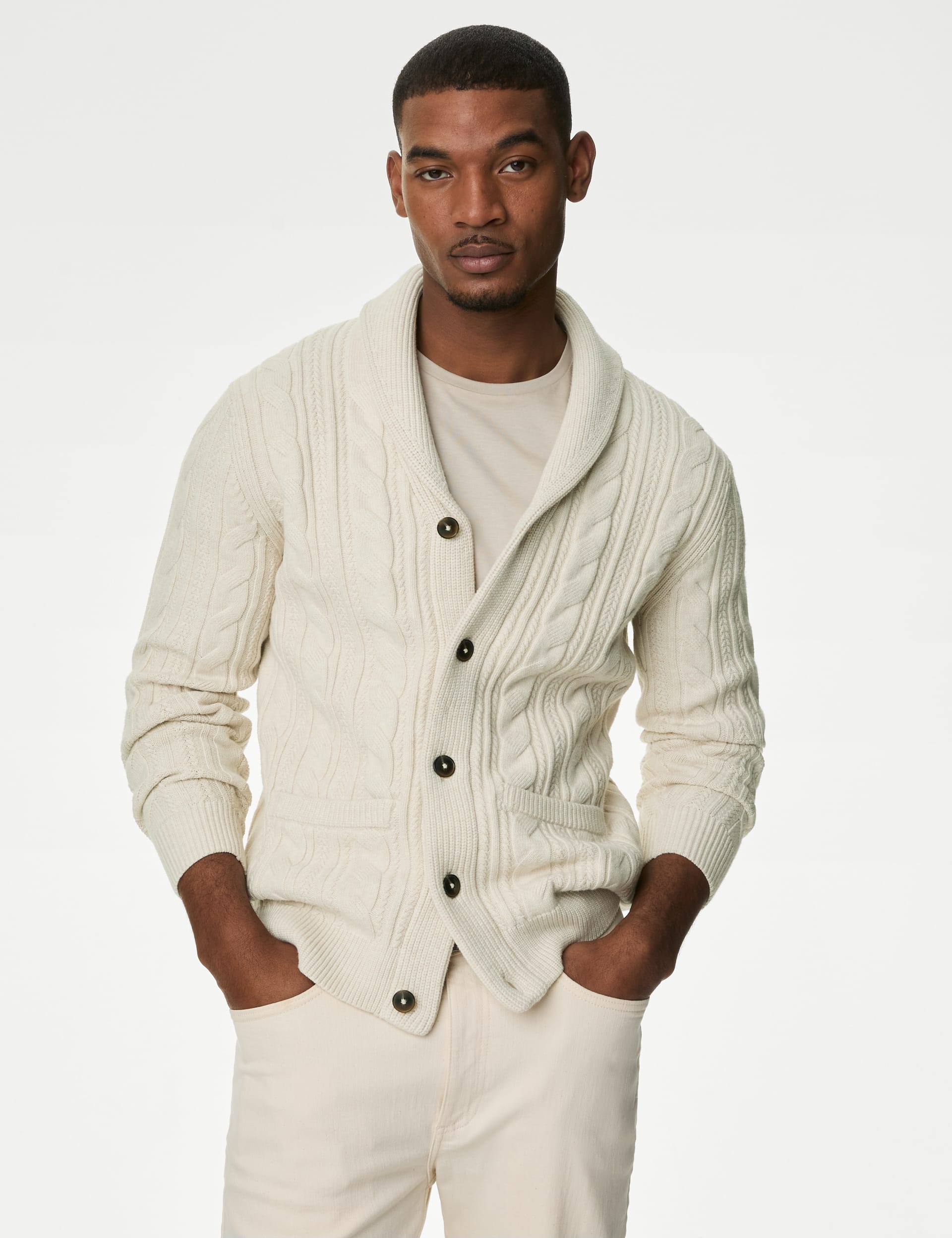 Cotton Blend Cable Shawl Collar Cardigan